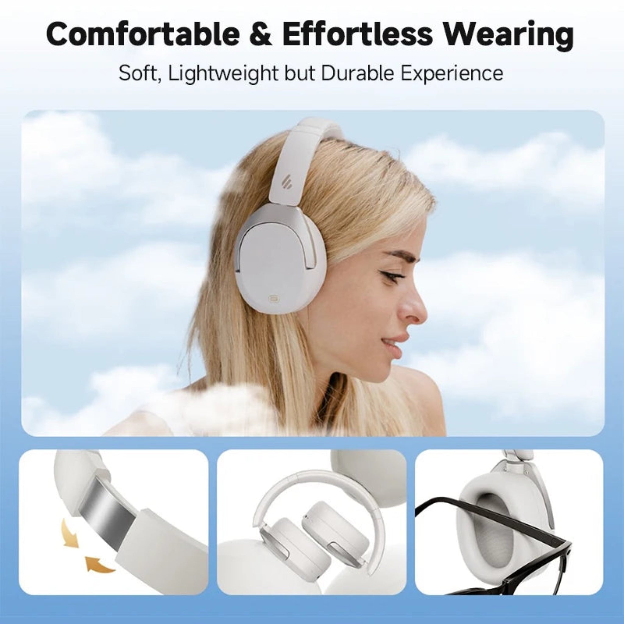 Woman wearing white headphones with text about comfort and durability on a blue background