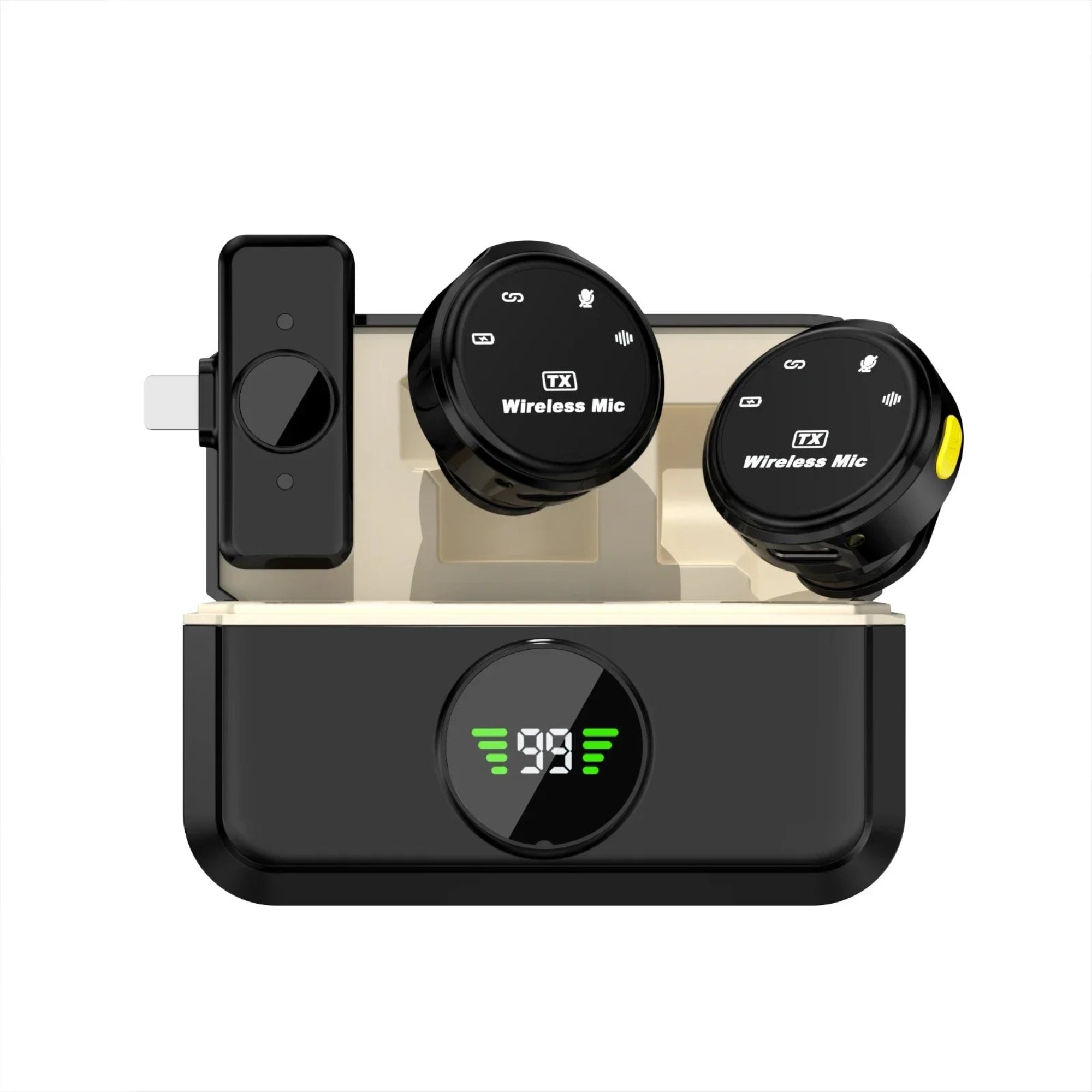 A Basix wireless lavalier microphone system with a charging dock and two wireless microphones attached to it.