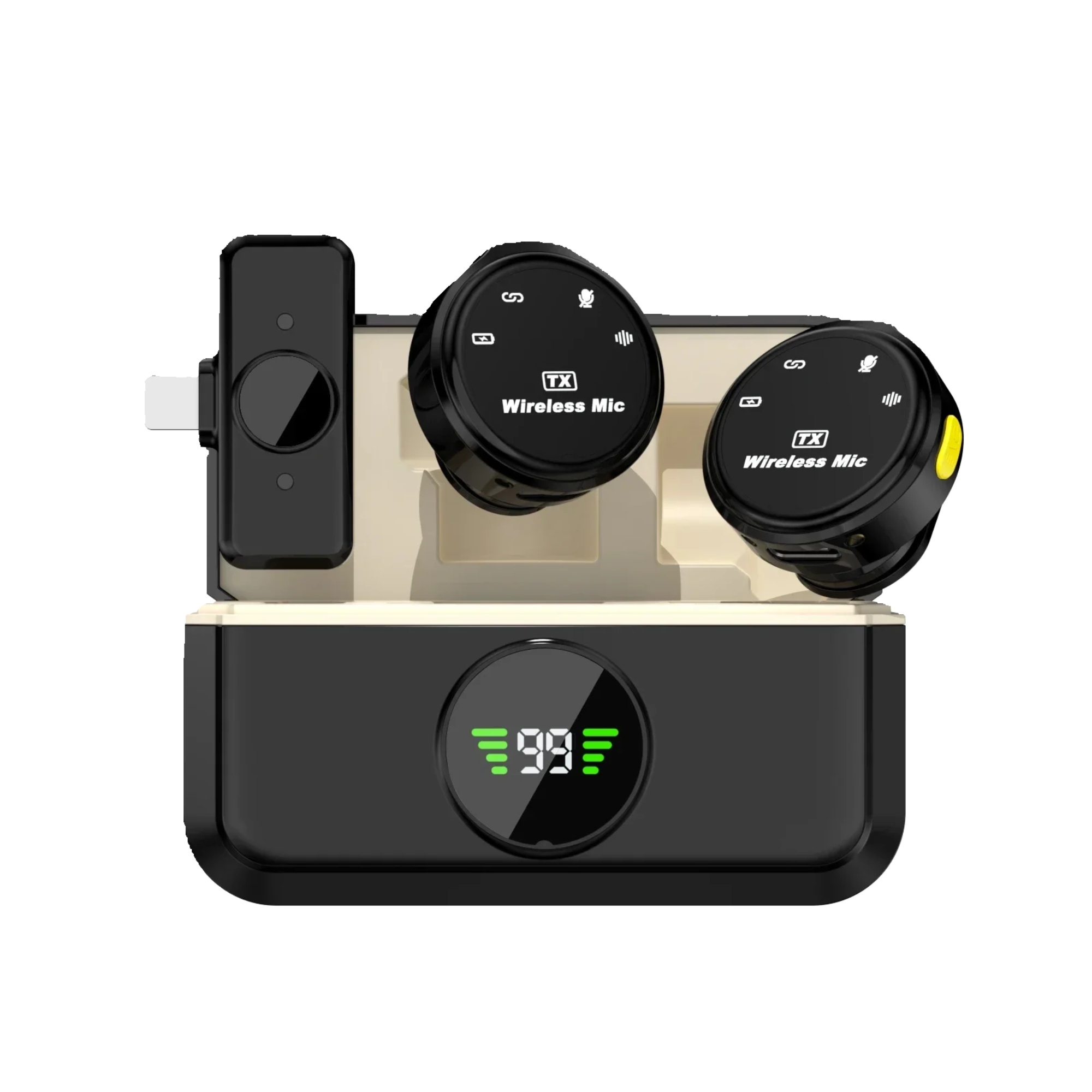 A Basix wireless lavalier microphone system with a charging dock and two wireless microphones attached to it.