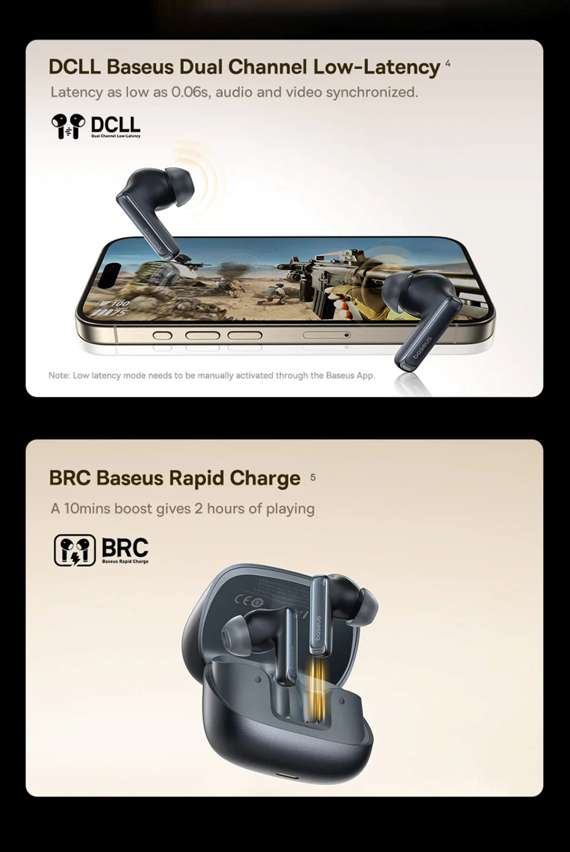 Advertisement for Baseus wireless earbuds with text about DCLL and BRC features.