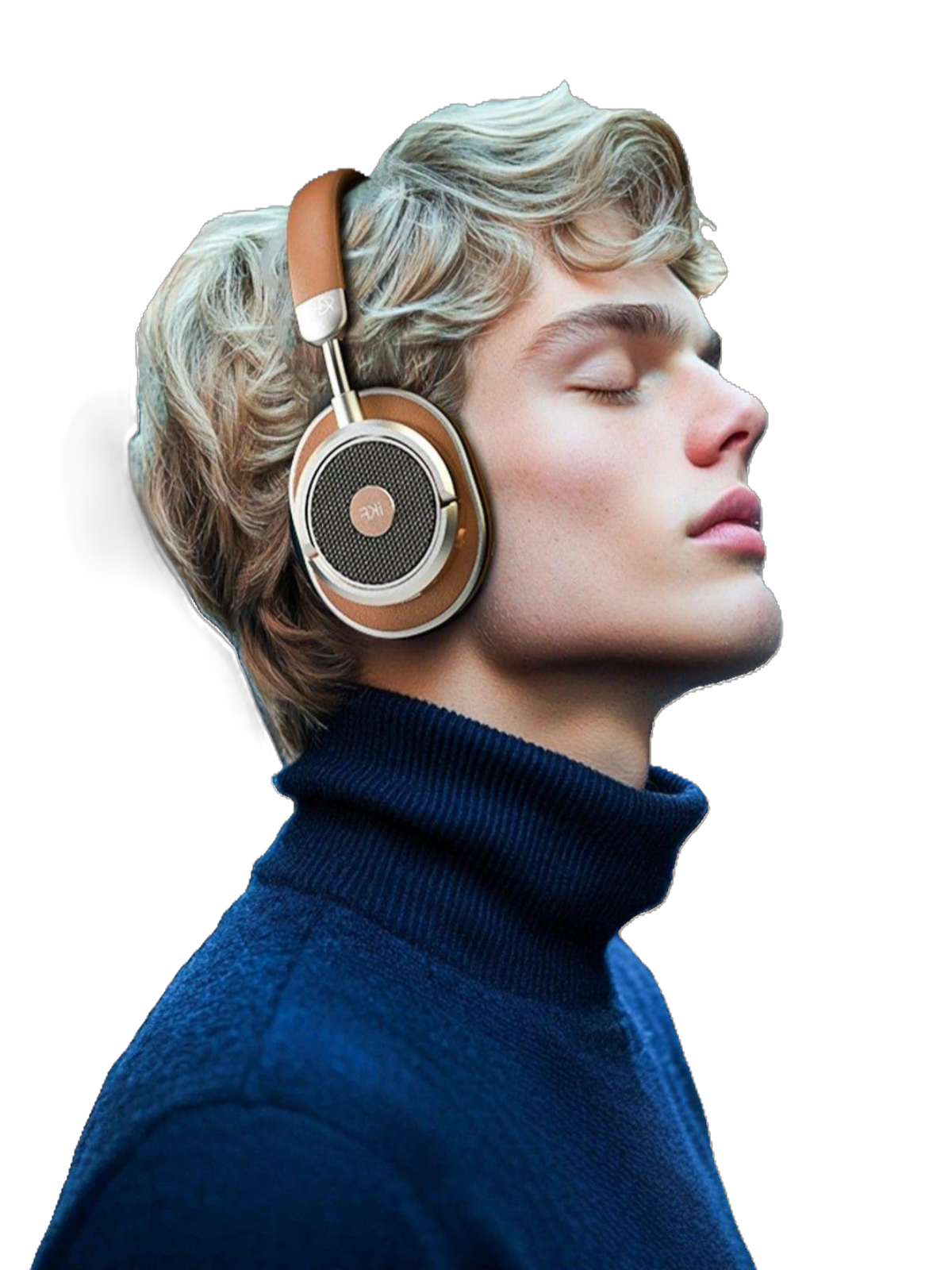 Person wearing a pair of high-end headphones on a white background