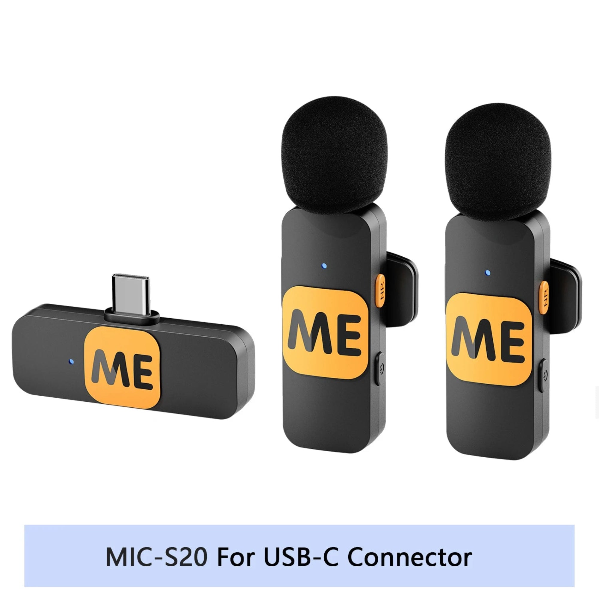 Two microphones with 'ME' label and USB-C connector on a white background