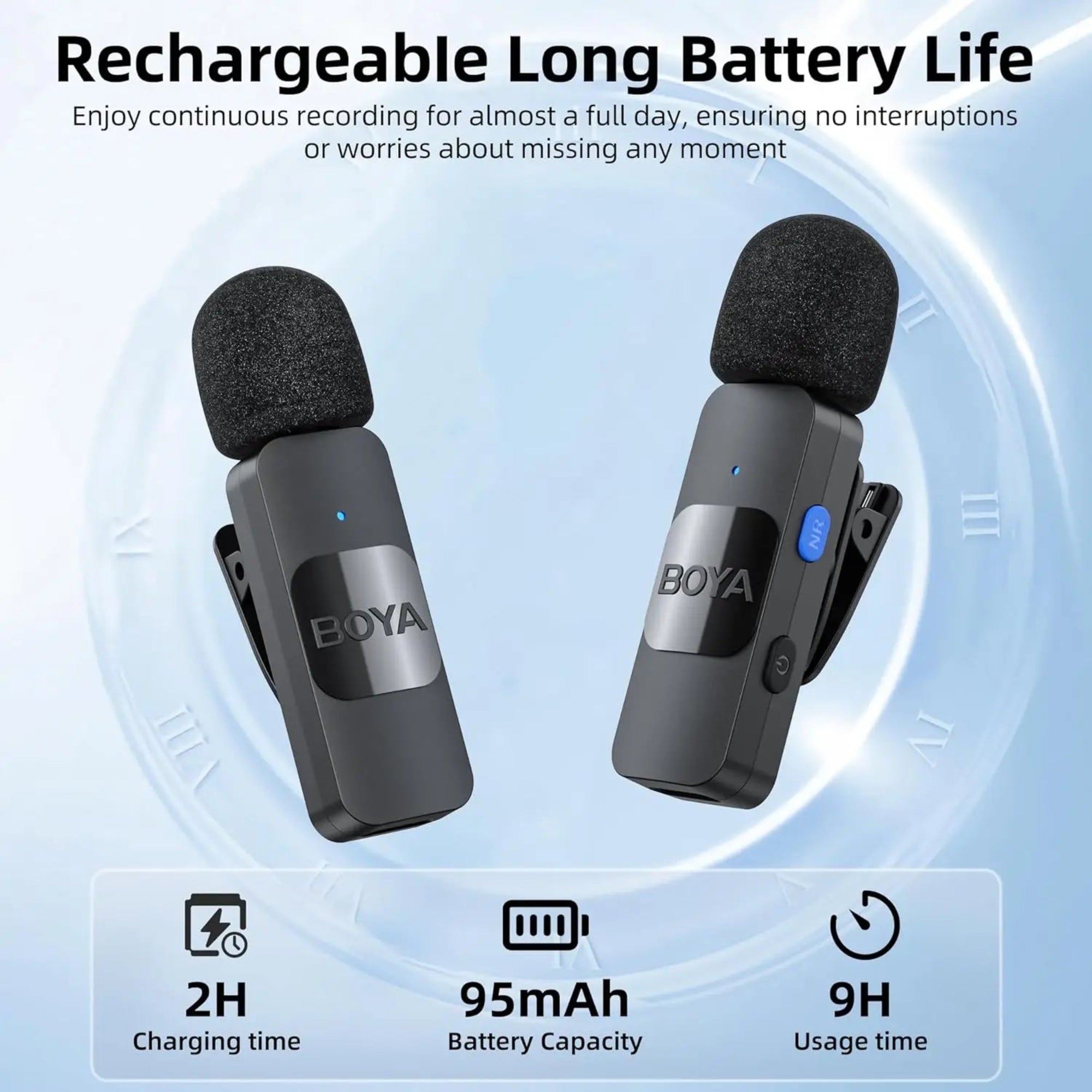 Two BOYA microphones with charging, battery capacity, and usage time information on a light blue background.