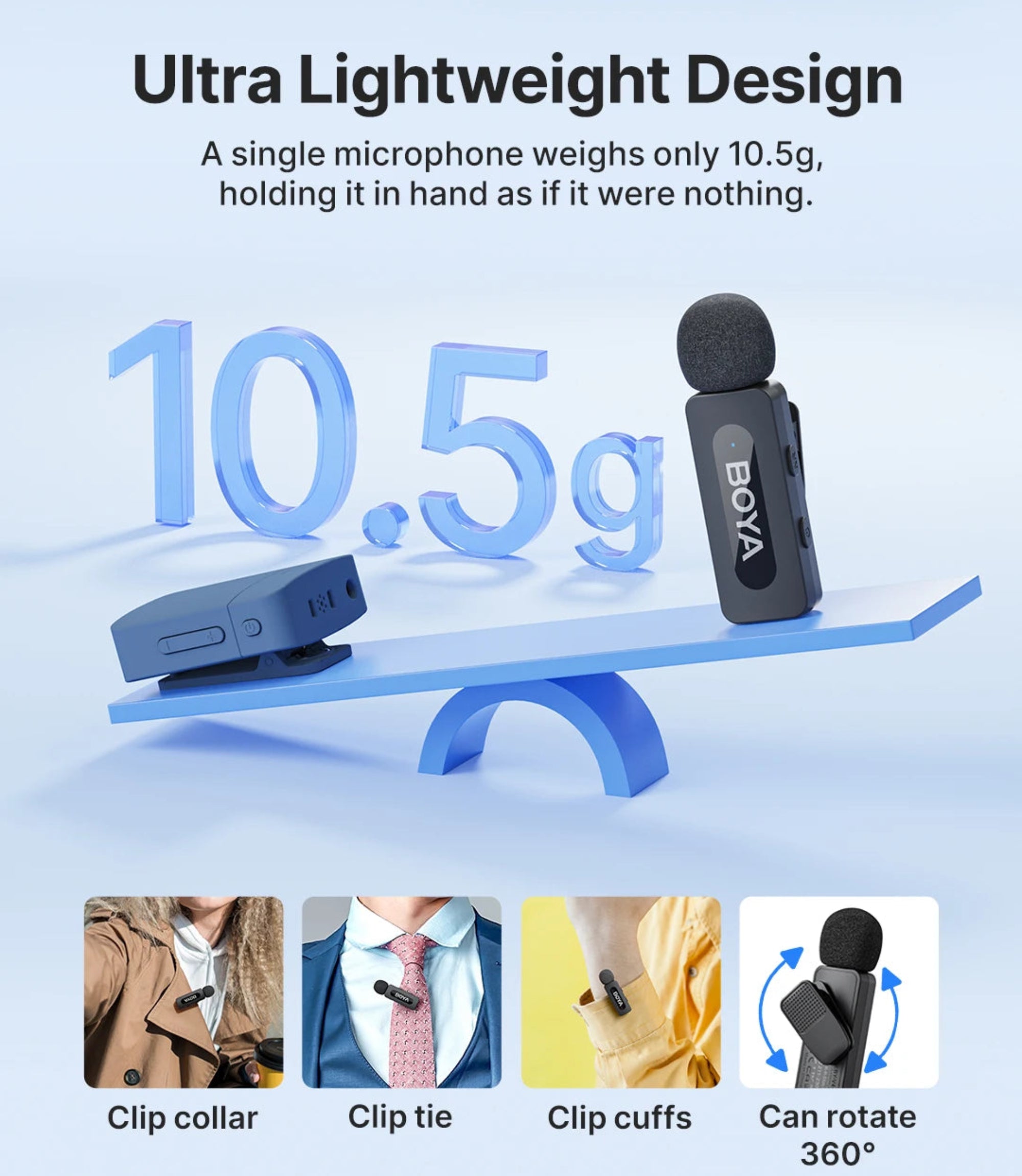 Ultra lightweight microphone weighing 10.5g with balancing scale and usage scenarios on a light blue background.