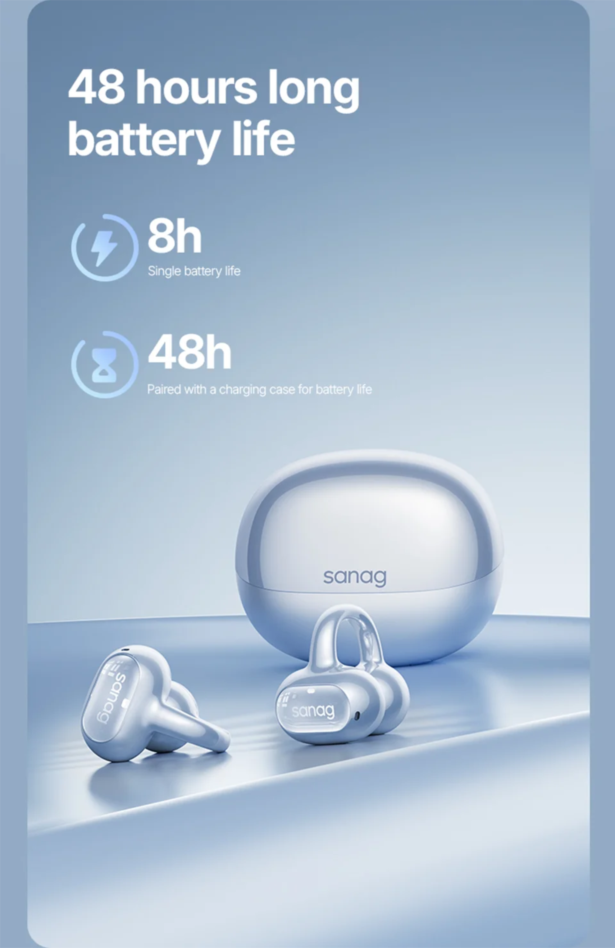 Wireless earbuds with charging case and battery life information on a light blue background