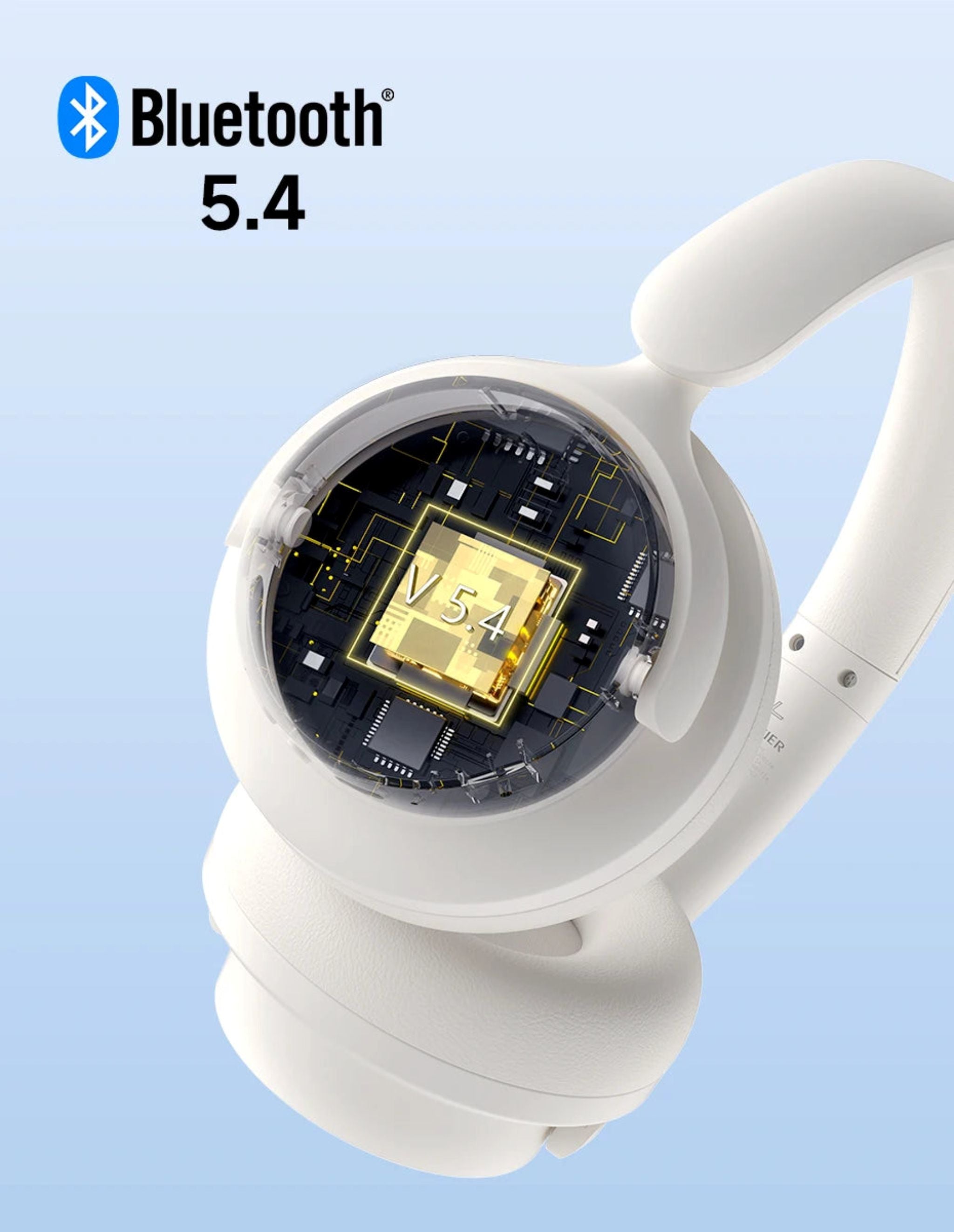 White wireless earbuds with Bluetooth 5.4 logo on a light blue background