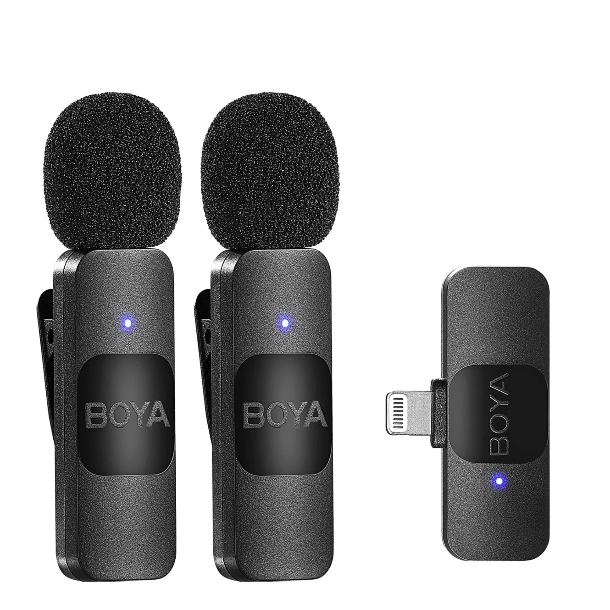 Two BOYA microphones with a receiver on a white background