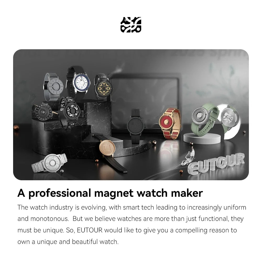 Collection of watches on a display stand with EUTOUR branding