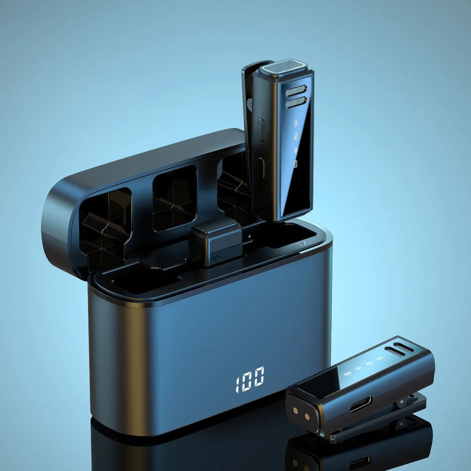 Black electronic device with digital display on a blue gradient background