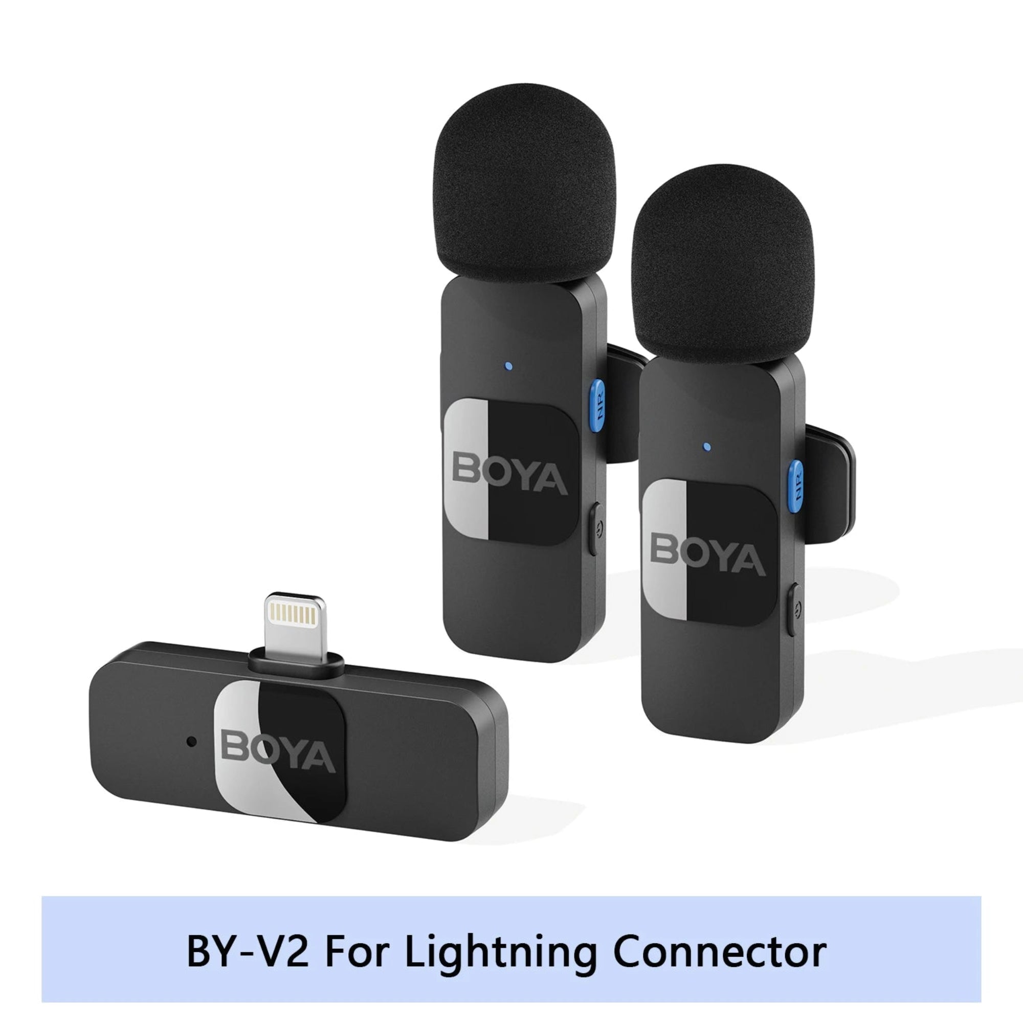 Two BOYA BY-V2 wireless microphones with a lightning connector on a white background.