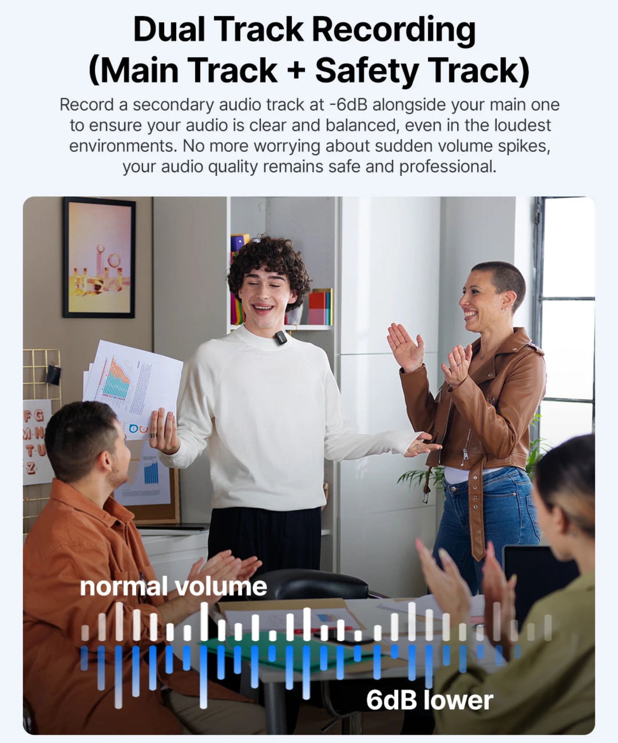 People in a meeting with text about dual track recording and audio volume comparison.