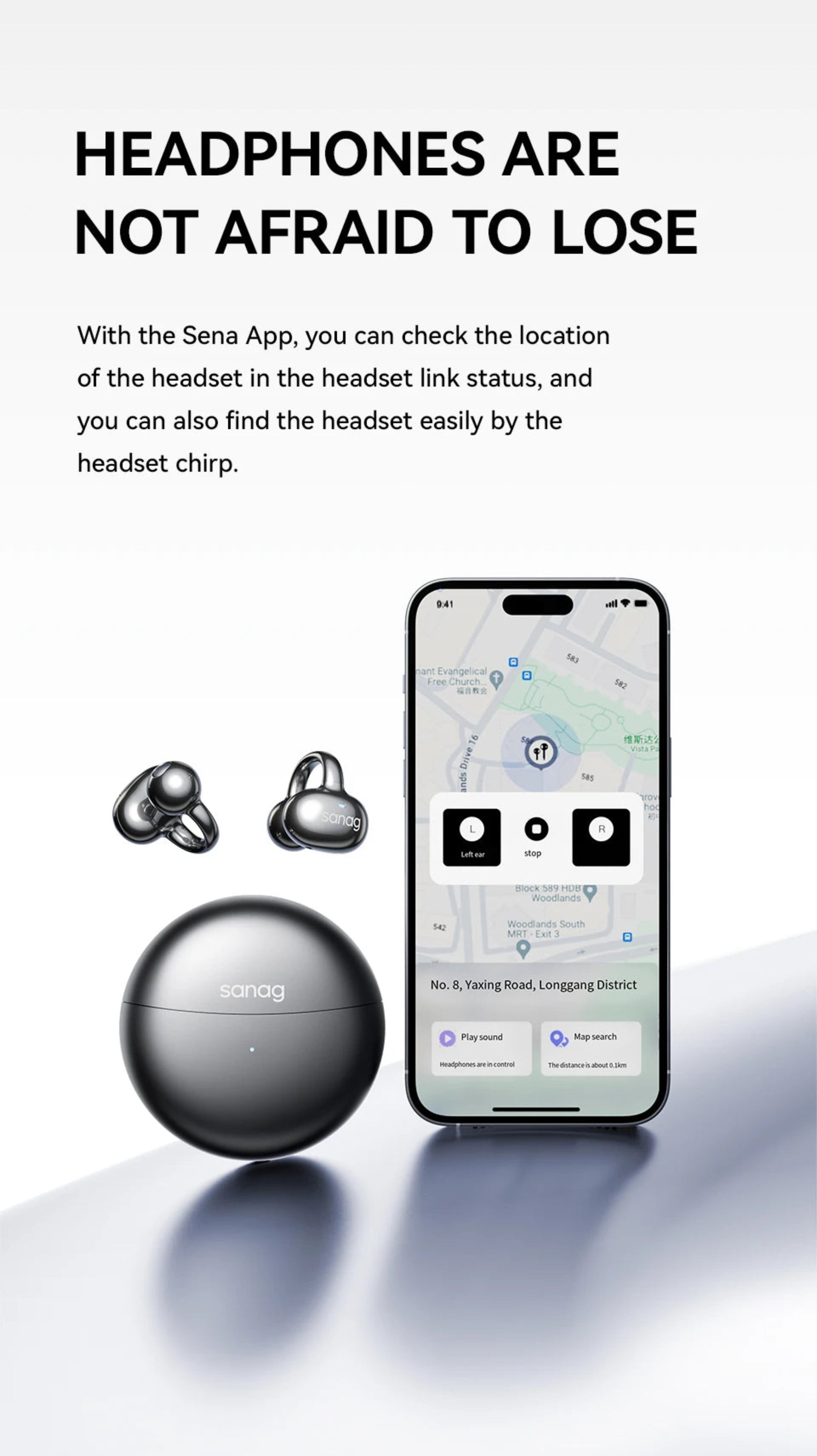 Sena headphones with smartphone app interface on a white background