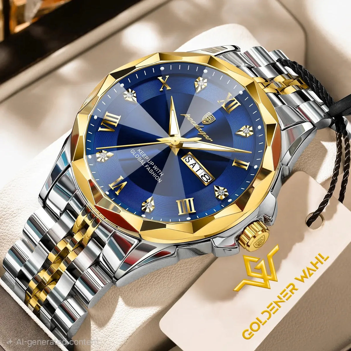 Goldener Wahl men's watch with a blue dial, gold-tone bezel and hands, and a two-tone silver and gold stainless steel link bracelet, displayed on a beige surface with a branded tag.