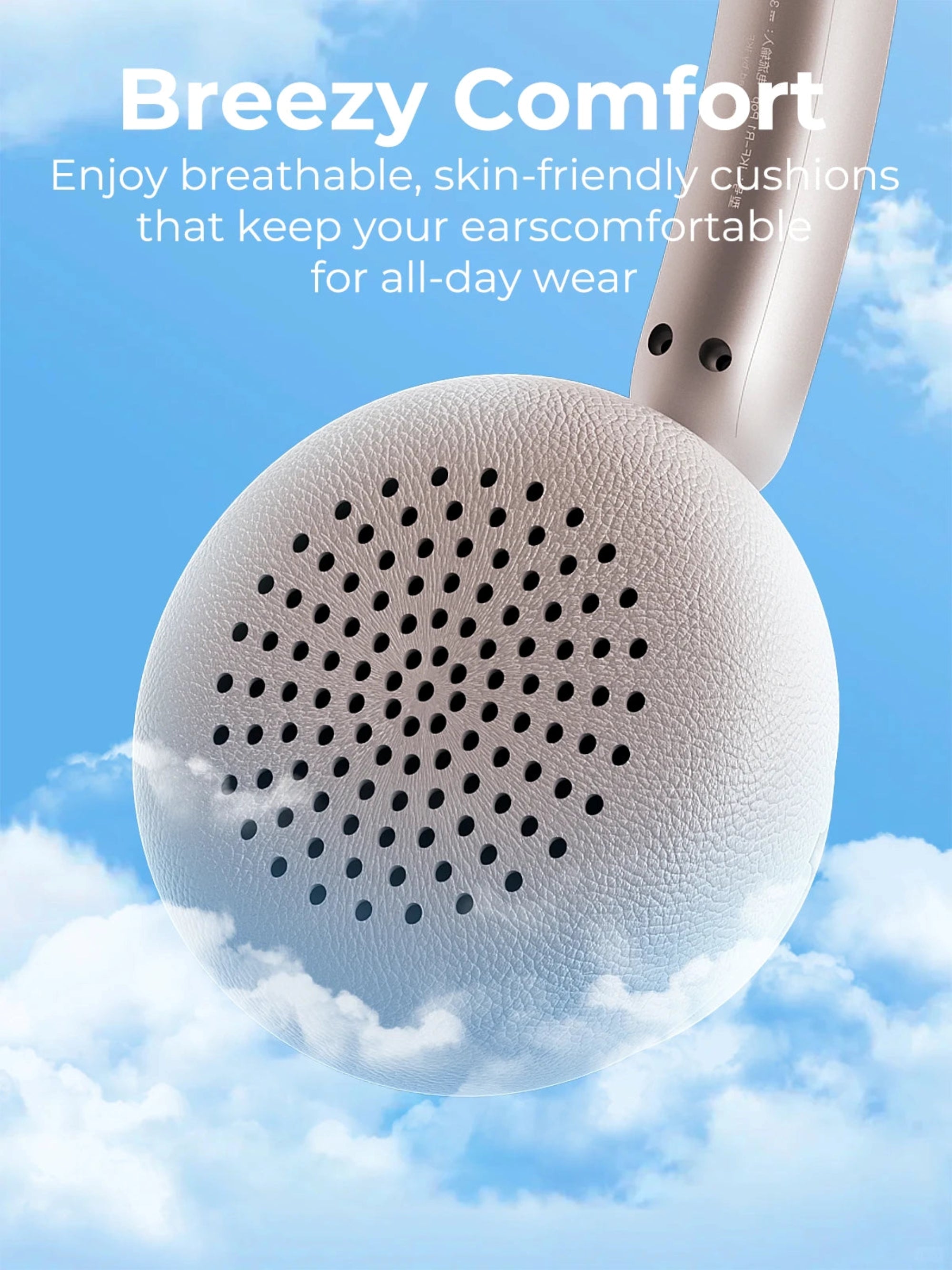Earpod with breathable, skin-friendly cushions on a cloud background