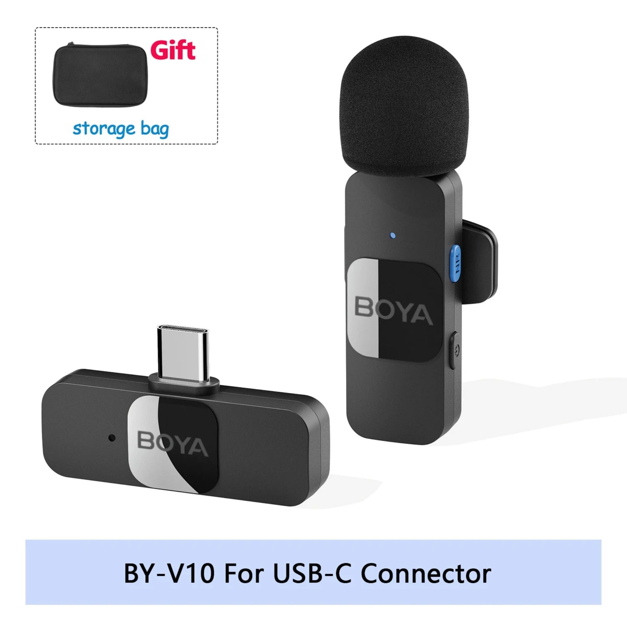 BOYA BY-V10 wireless microphone system with USB-C connector on a white background