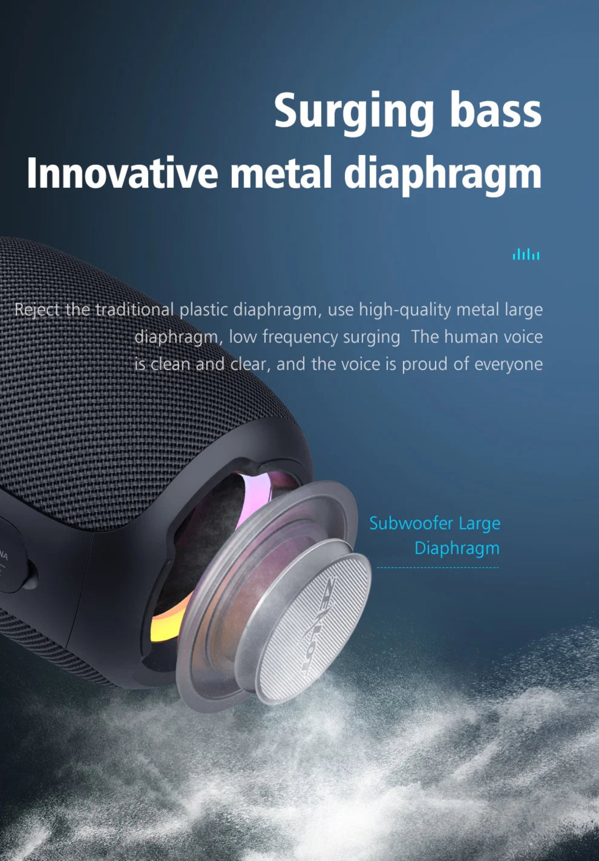 Speaker with metal diaphragm and text about surging bass and innovative metal diaphragm on a dark background.