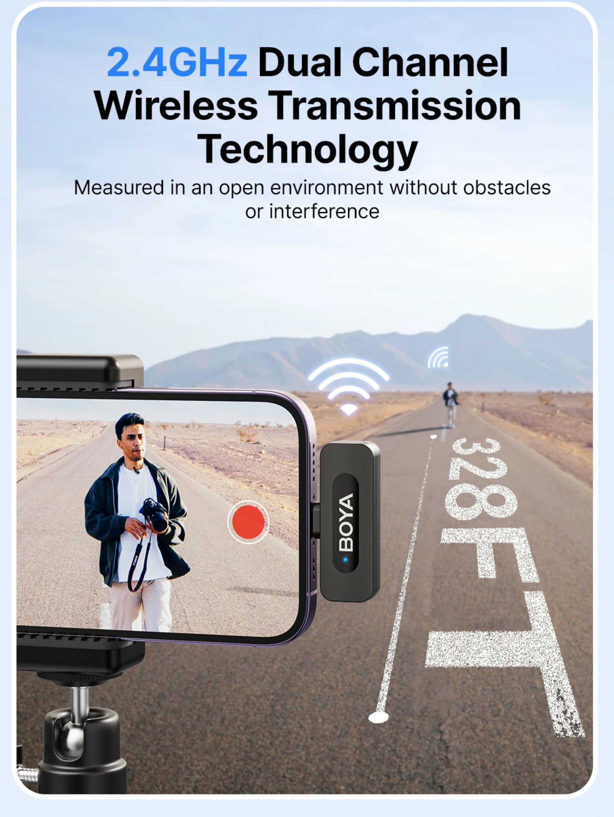 BOYA wireless transmission device with smartphone on road background
