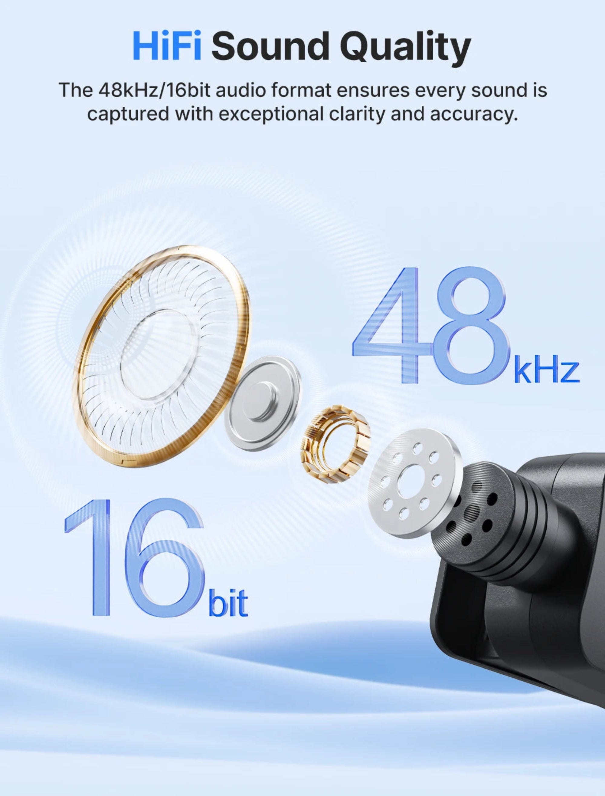 HiFi sound quality advertisement with audio components and text on a light blue background