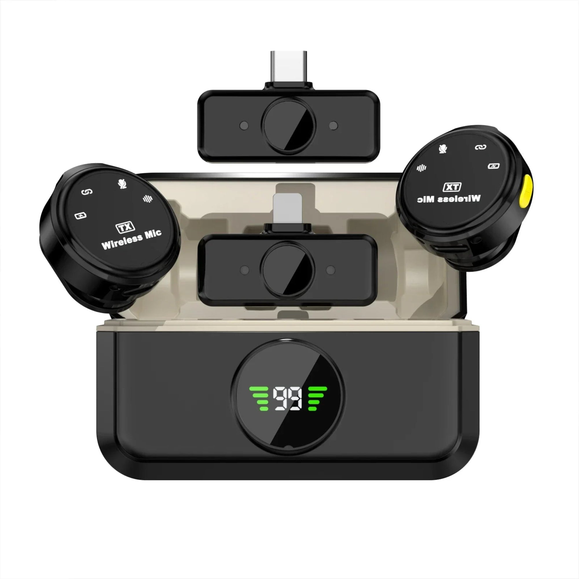 A Basix wireless lavalier microphone system with a charging dock and two wireless microphones attached to it.