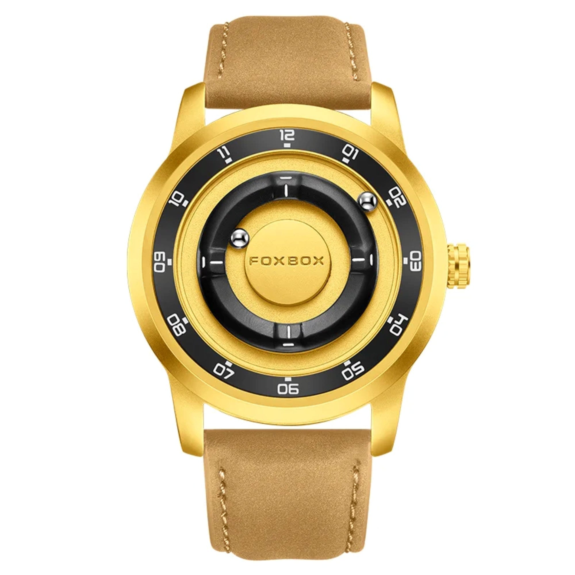 Gold watch with a brown leather strap on a white background