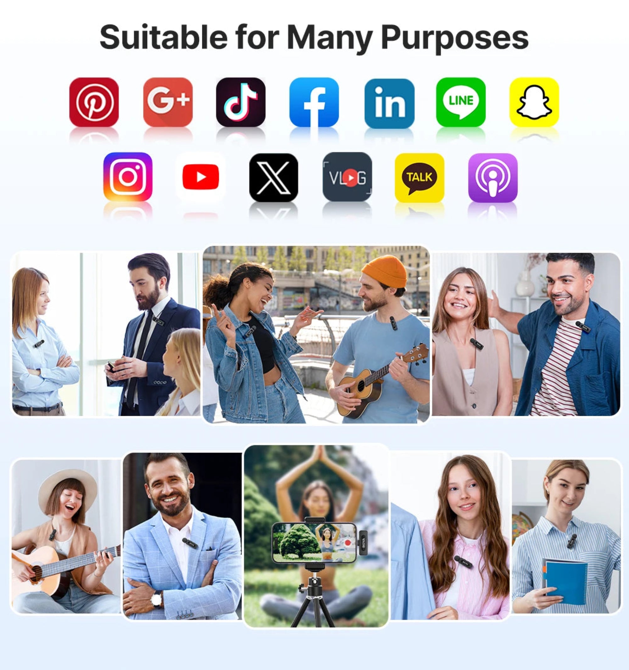 Collection of social media icons and people in various poses with text 'Suitable for Many Purposes'.