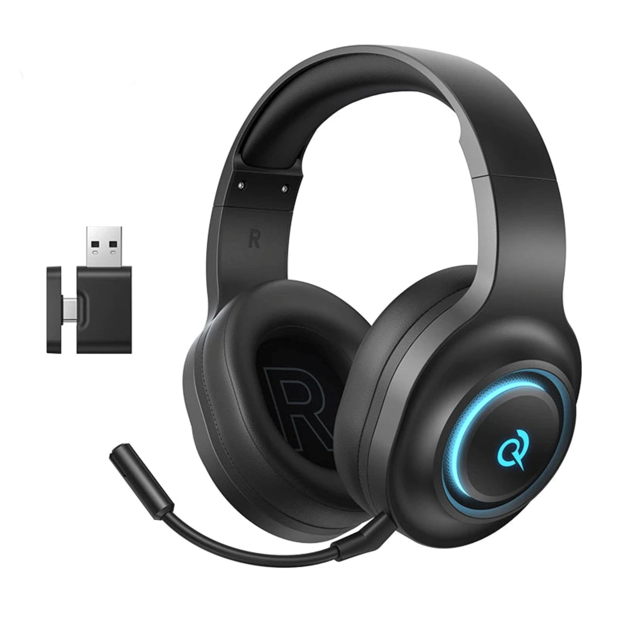Black gaming headset with USB adapter on a white background