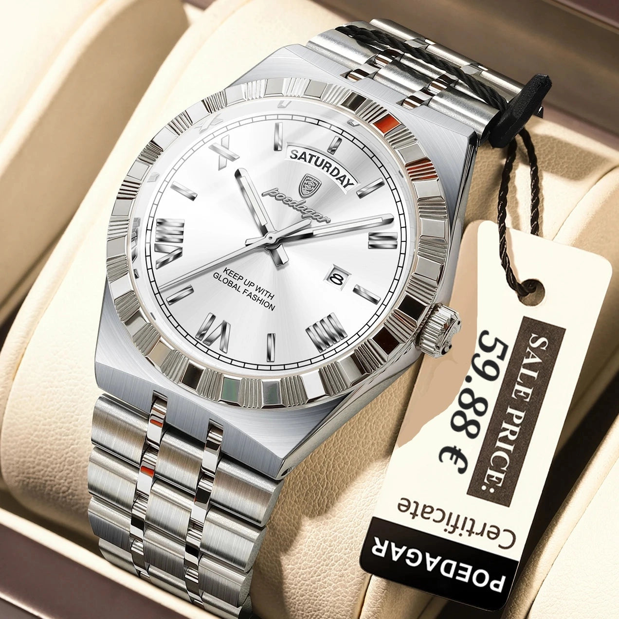 A silver stainless steel wristwatch with a white dial and matching metal link bracelet, presented in a beige watch box with a paper tag showing a sale price and the brand name PODGAGAR.