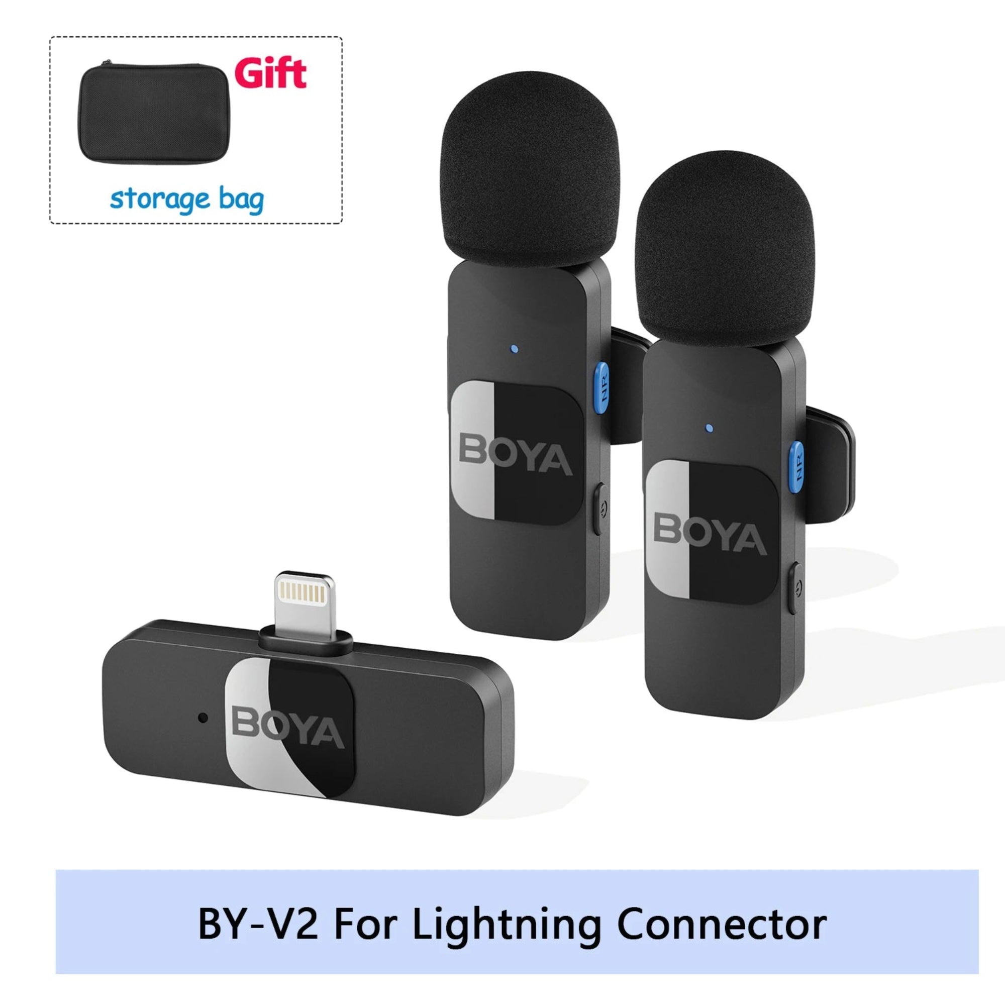 BOYA BY-V2 wireless microphone system with lightning connector on a white background
