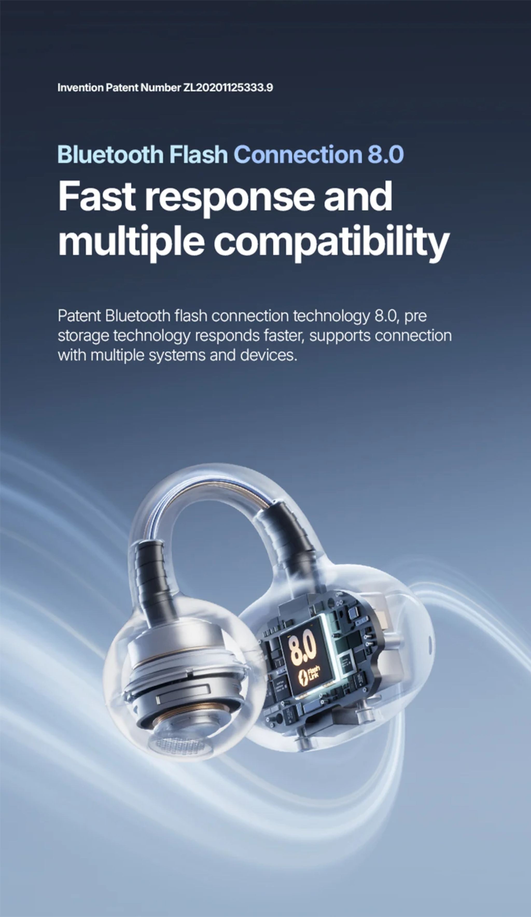 Bluetooth headset with '8.0' branding on a blue background, featuring text about Bluetooth Flash Connection 8.0.