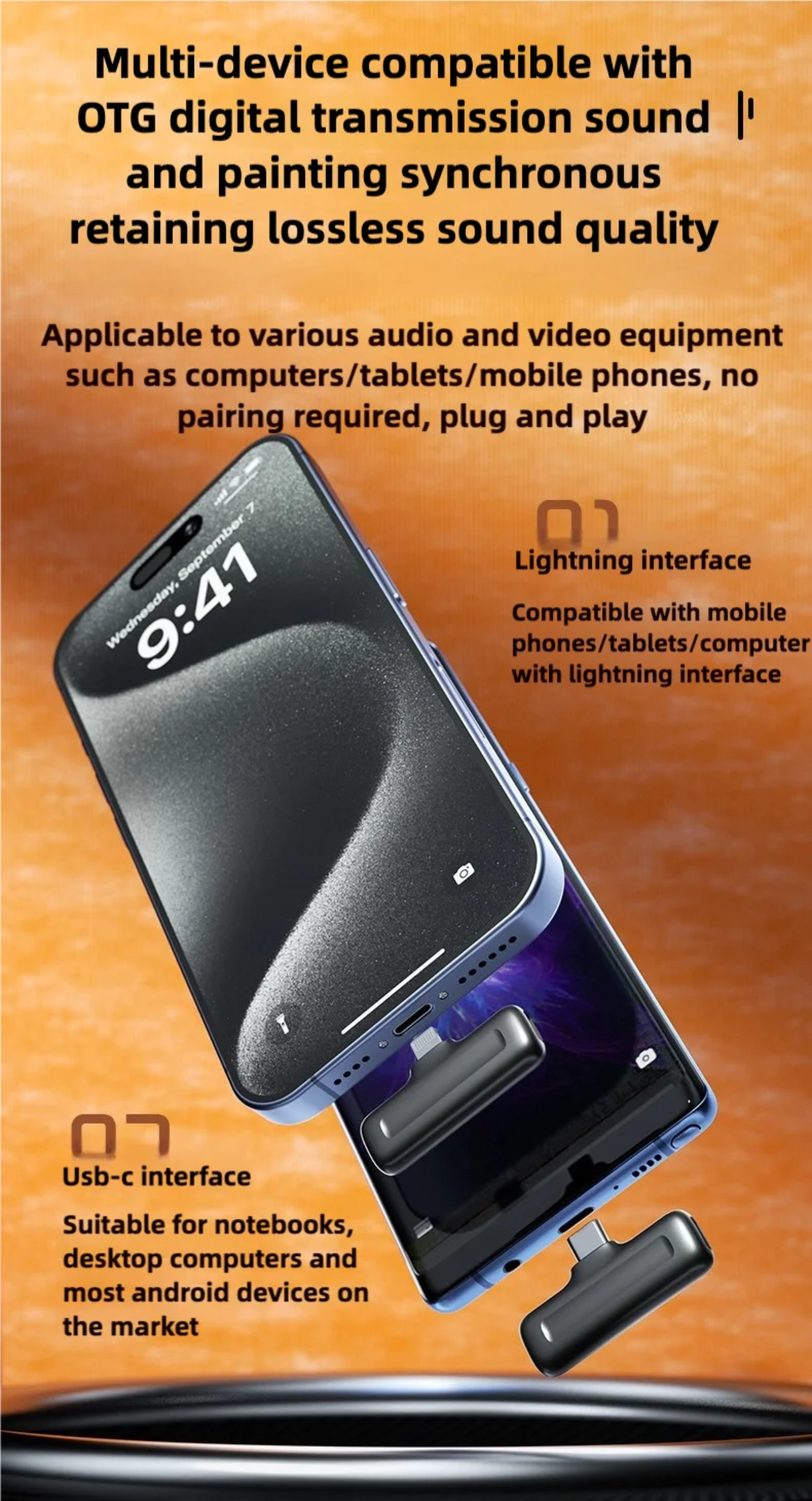 Multidevice compatible audio and video equipment with lightning and USB-C interfaces on an orange background.