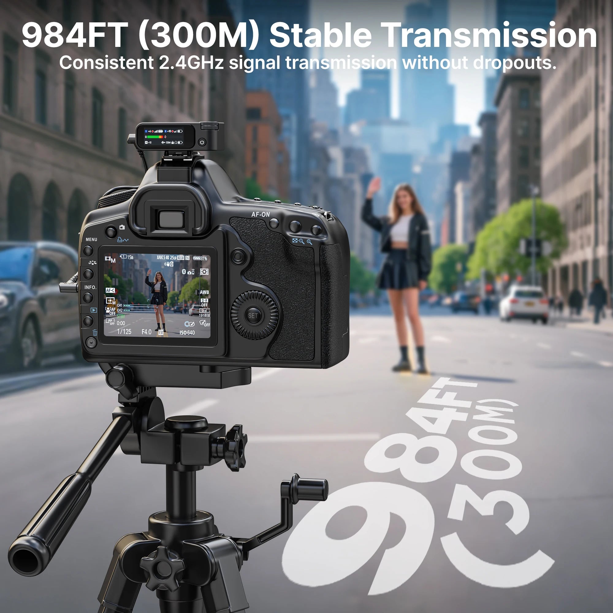 Camera on a tripod with a cityscape background and text about stable transmission distance.