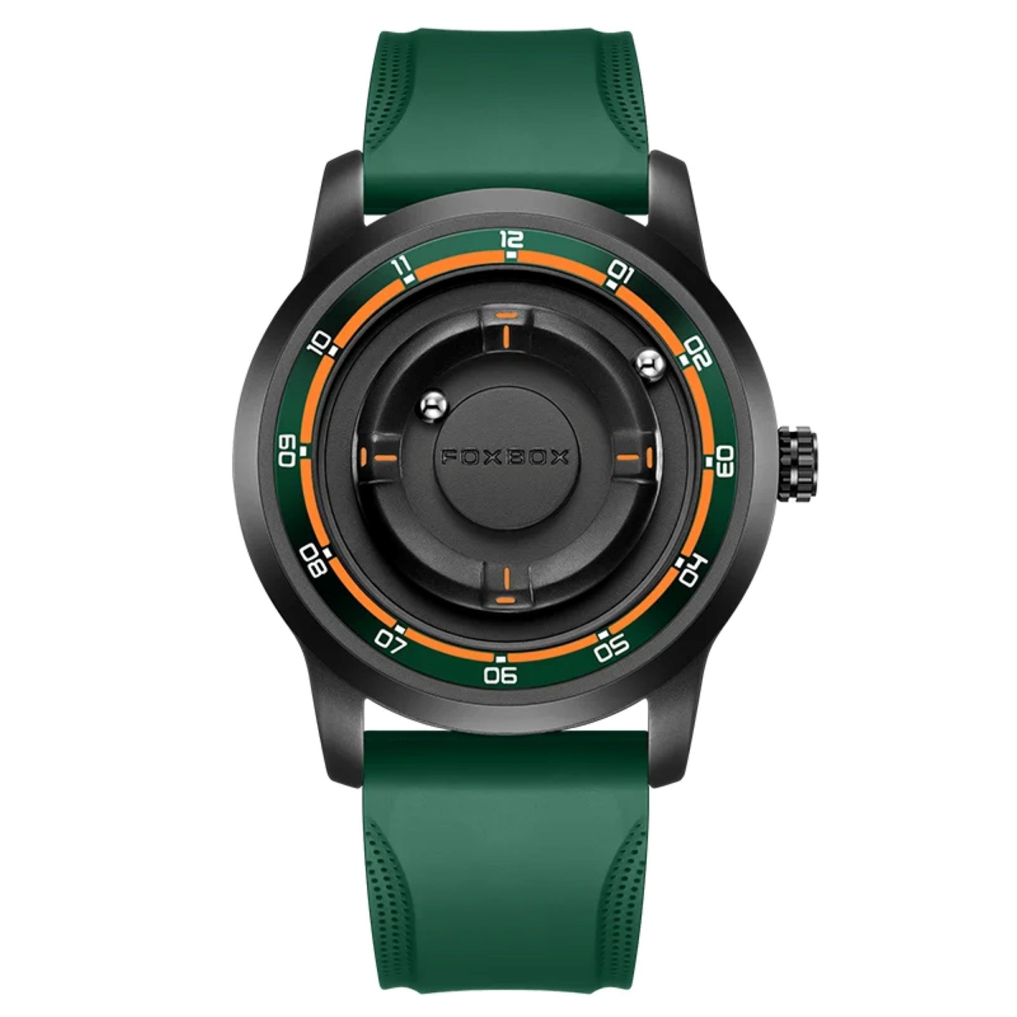 Watch with green strap and black dial on a white background