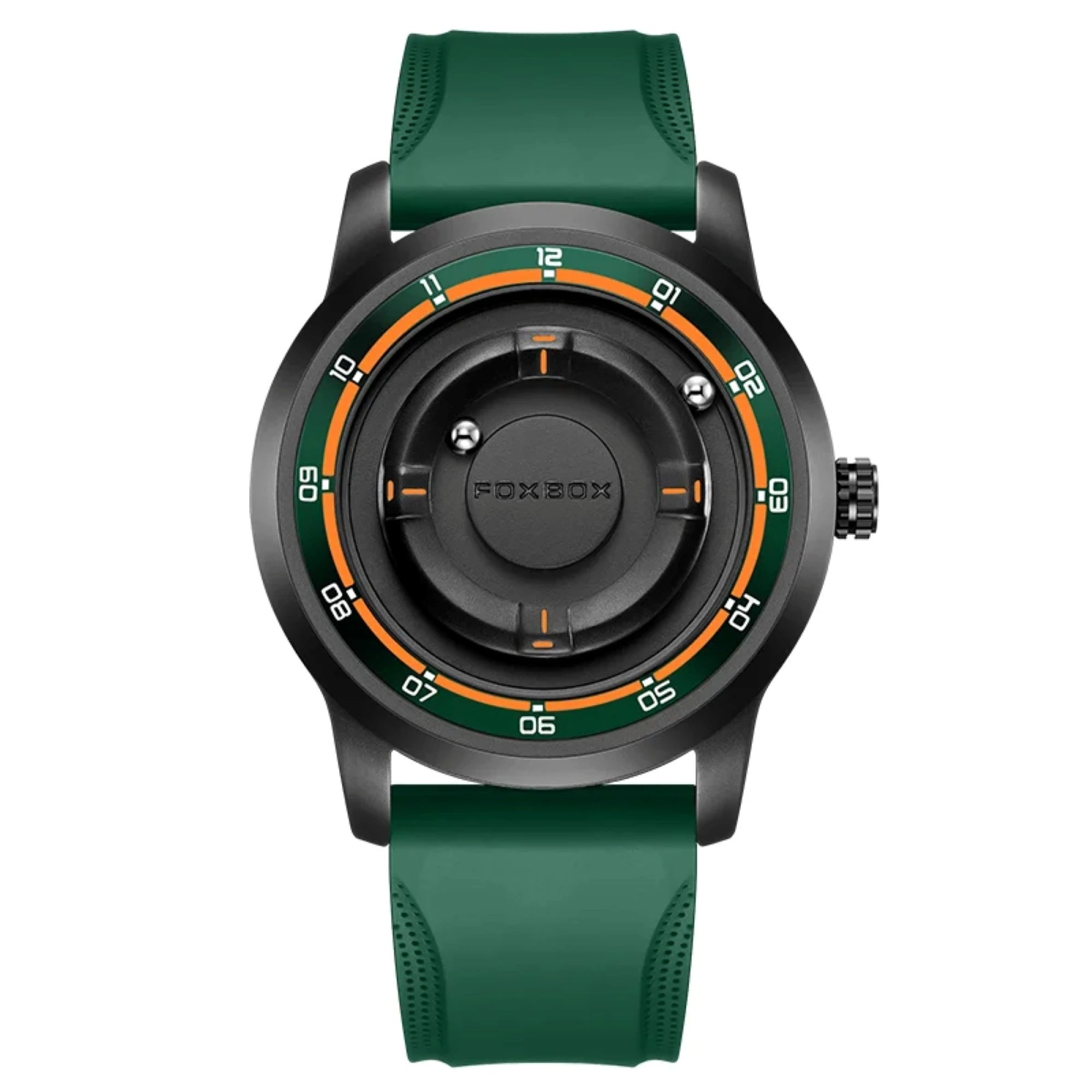 A Foxbox chronograph-style watch with a matte black case, a dark green silicone strap, and a black dial featuring orange accents and white numerals, shown against a plain white background.