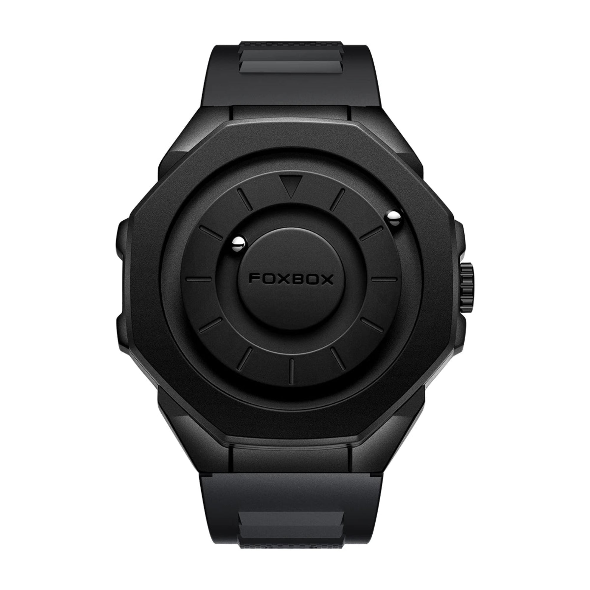 A black analog watch with a textured dial and a metallic band, branded with 'FOXBOX'.