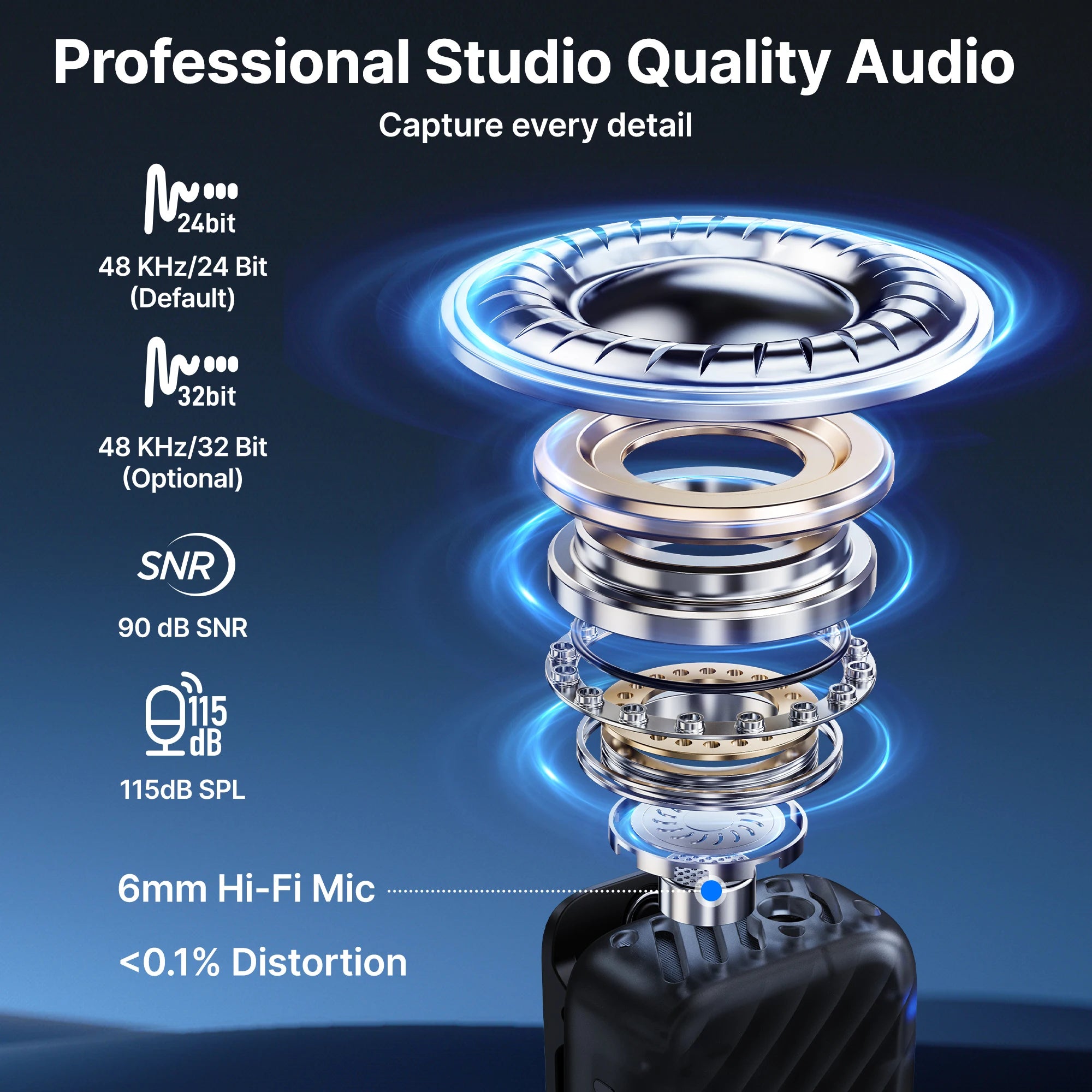 High-quality audio mic with technical specifications on a dark background