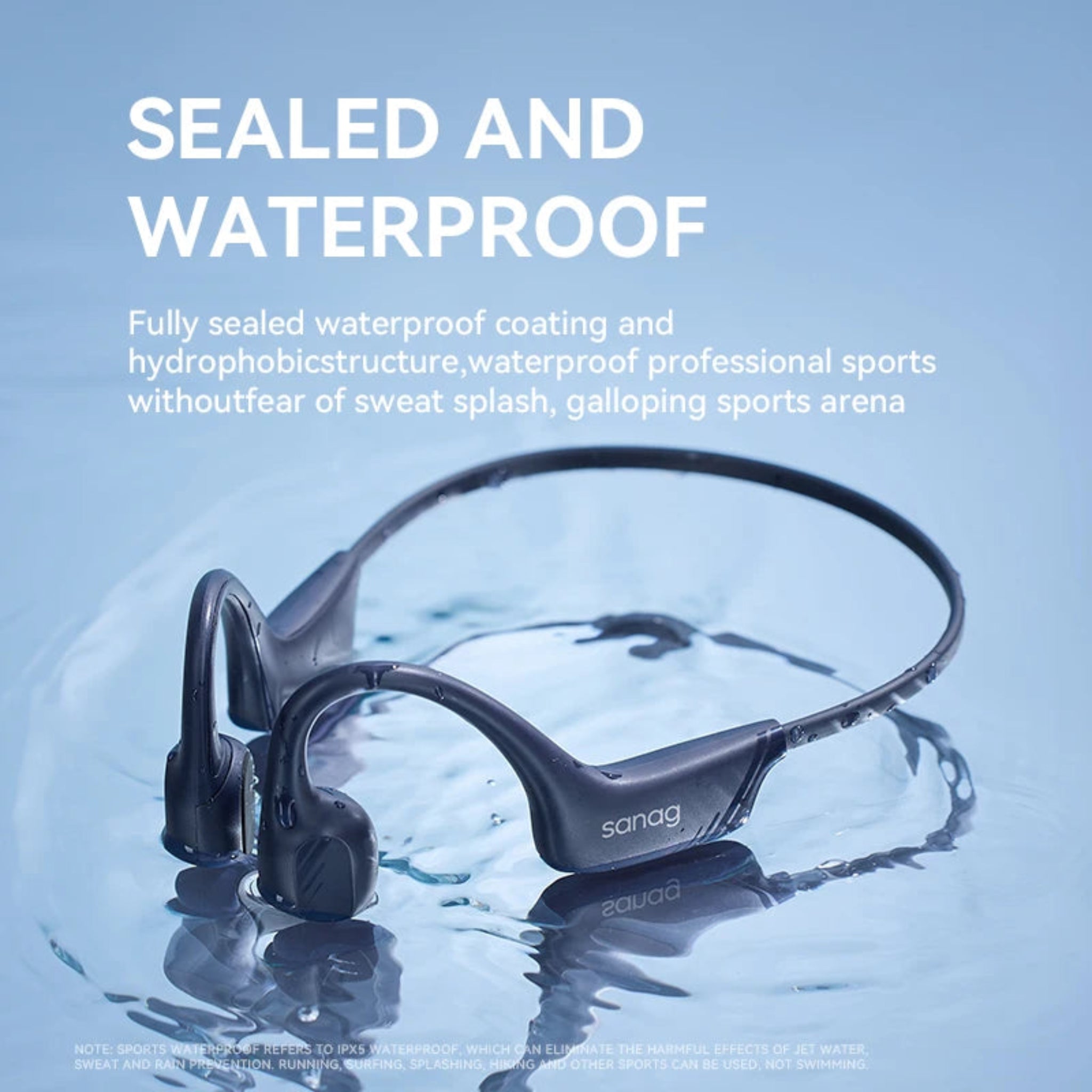 Waterproof headphones on a blue background with text highlighting waterproof feature.