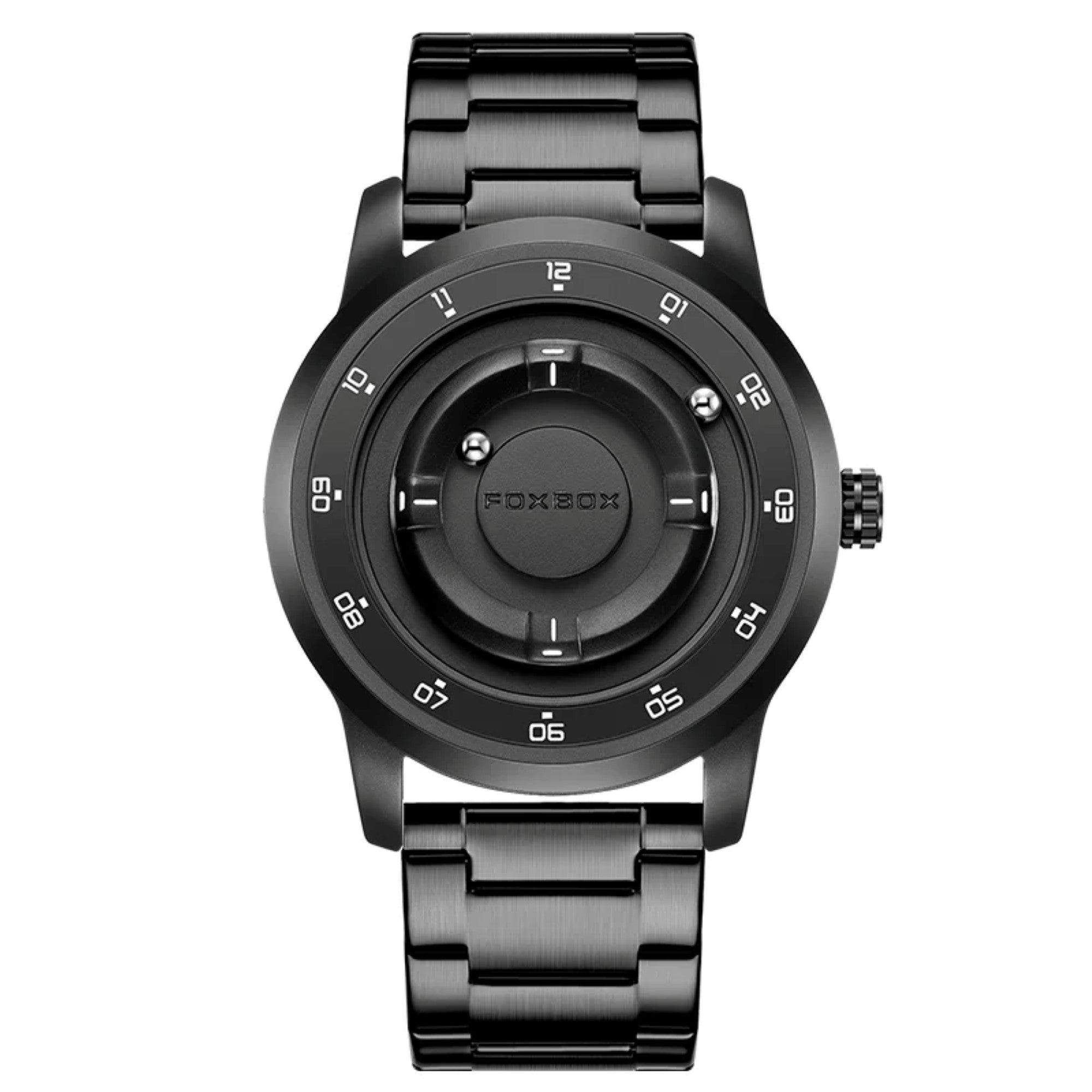Black wristwatch with a unique design on a white background