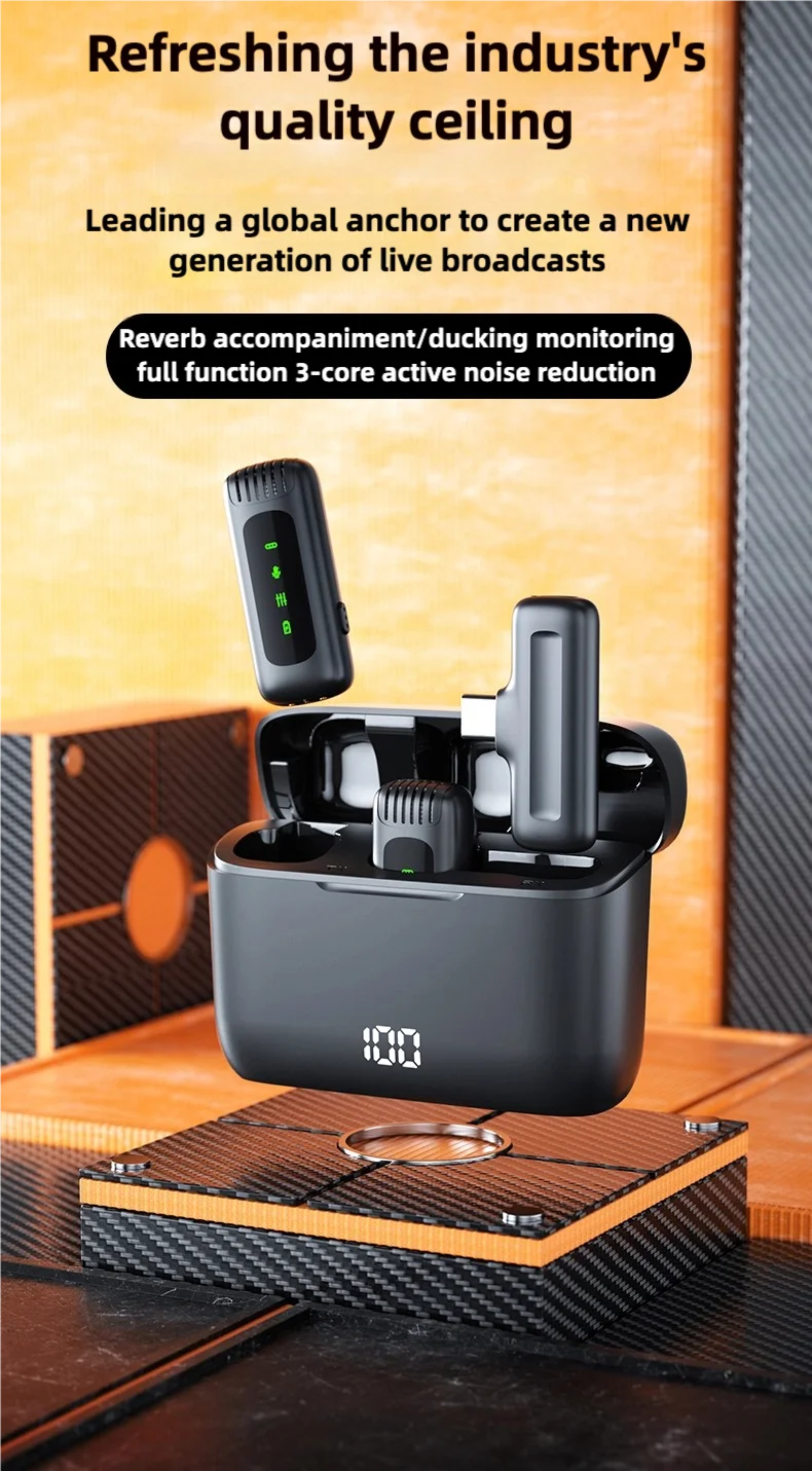 Black wireless earbuds with charging case on a wooden surface, featuring text about audio technology.