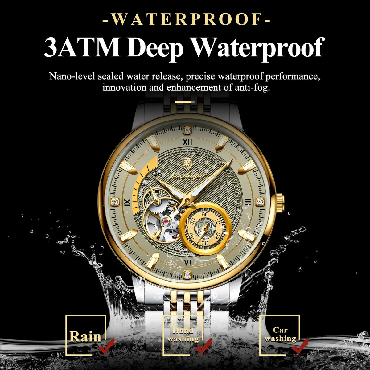 Gold and silver watch with waterproof feature text on a black background