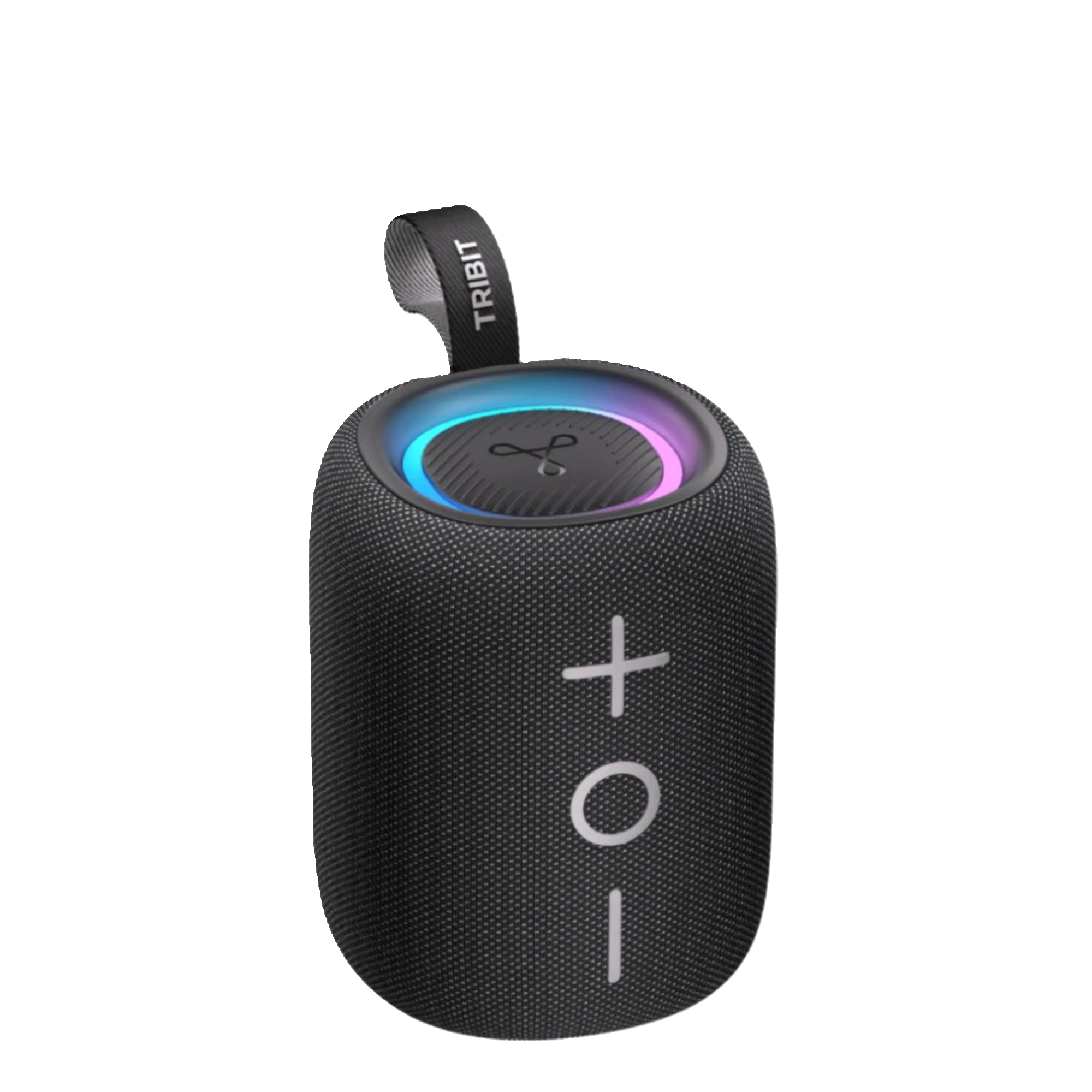 A green TRIBIT StormBox Mini Bluetooth speaker with a textured surface, LED light, and a carabiner clip on the top.