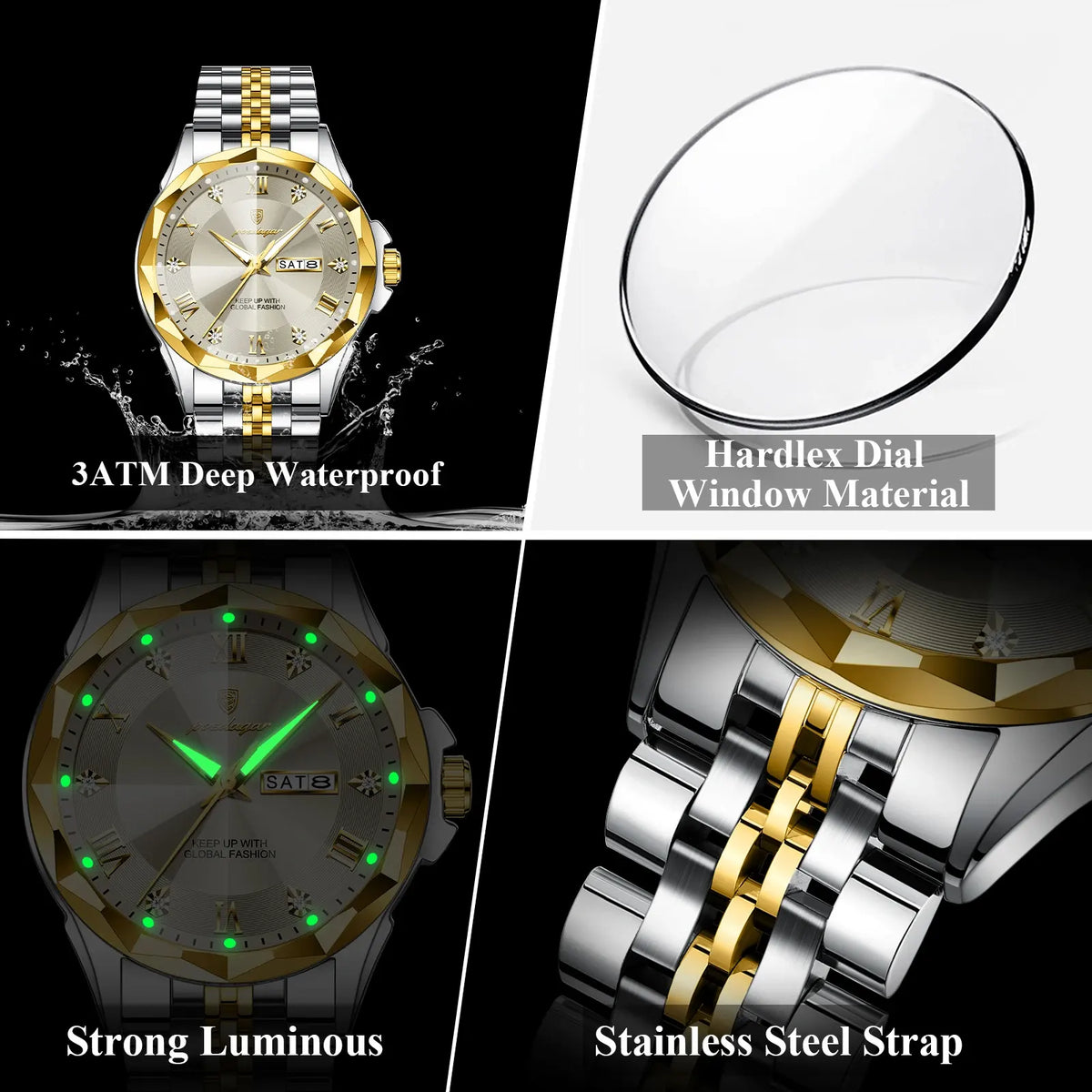 A four-panel product feature collage for a wristwatch. Top-left shows the watch with a gold and silver metal bracelet and light beige dial on a black background, labeled '3ATM Deep Waterproof.