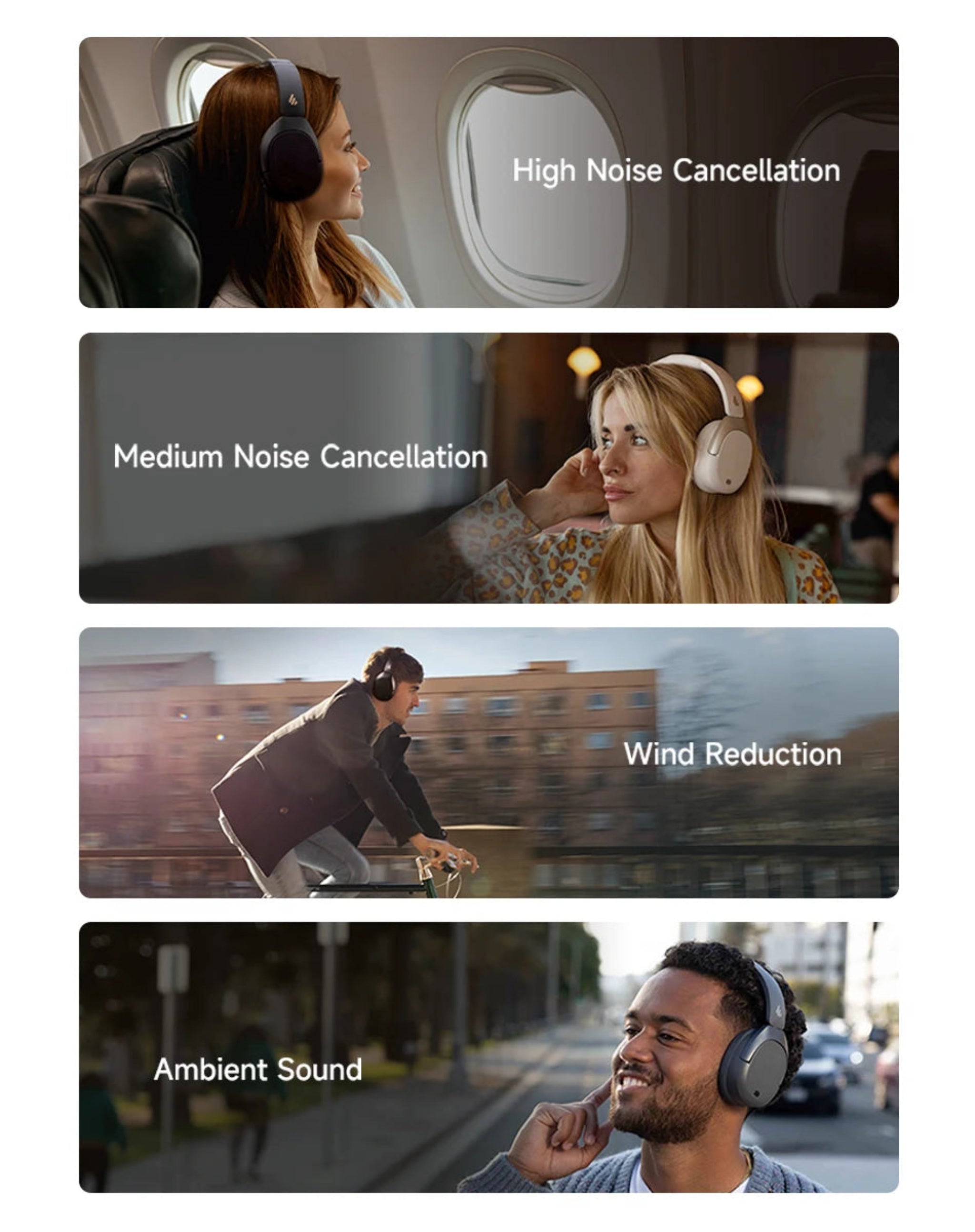Four scenarios demonstrating different noise cancellation features with people wearing headphones.