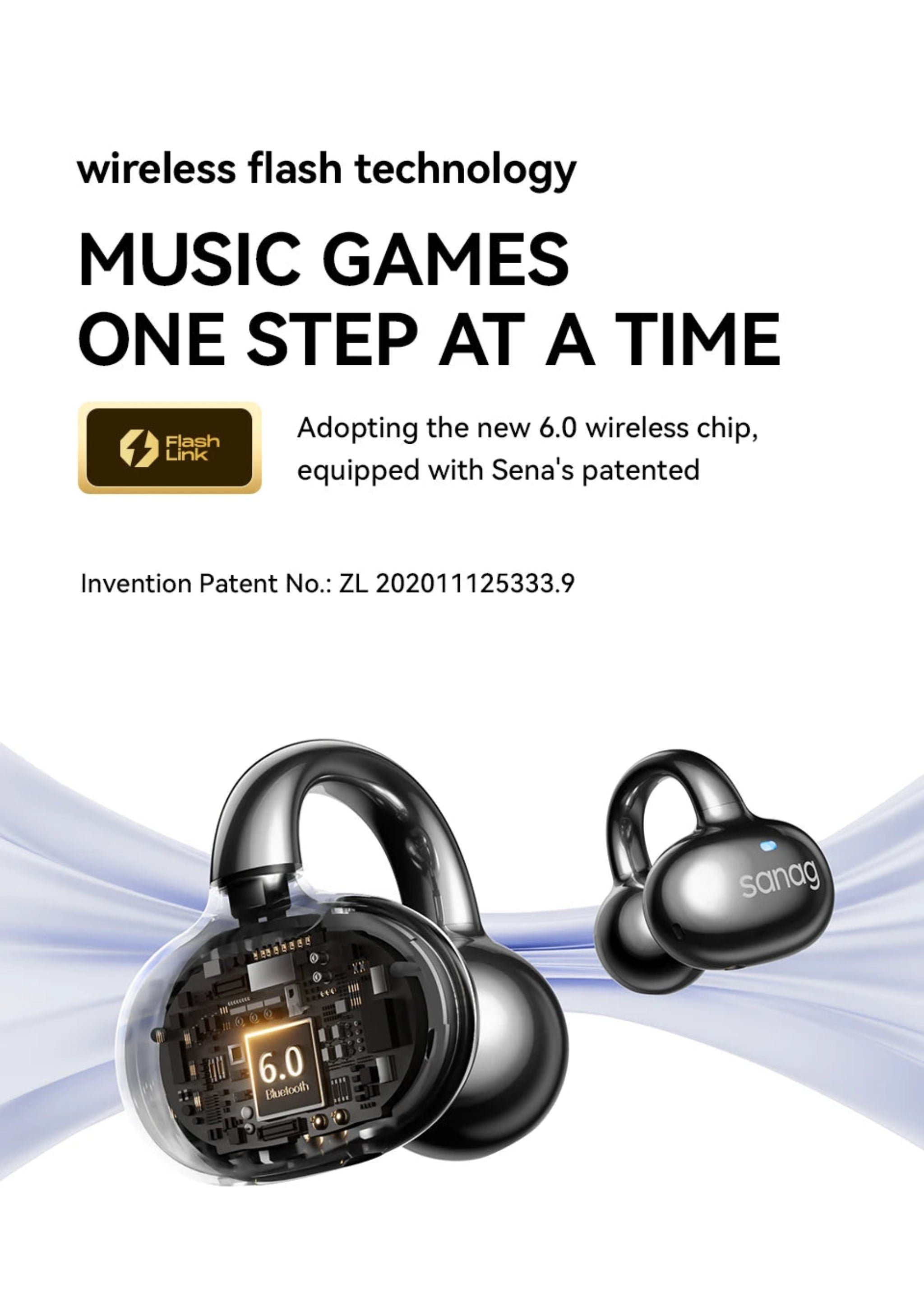 Wireless earbuds with text about wireless flash technology and music games on a white background