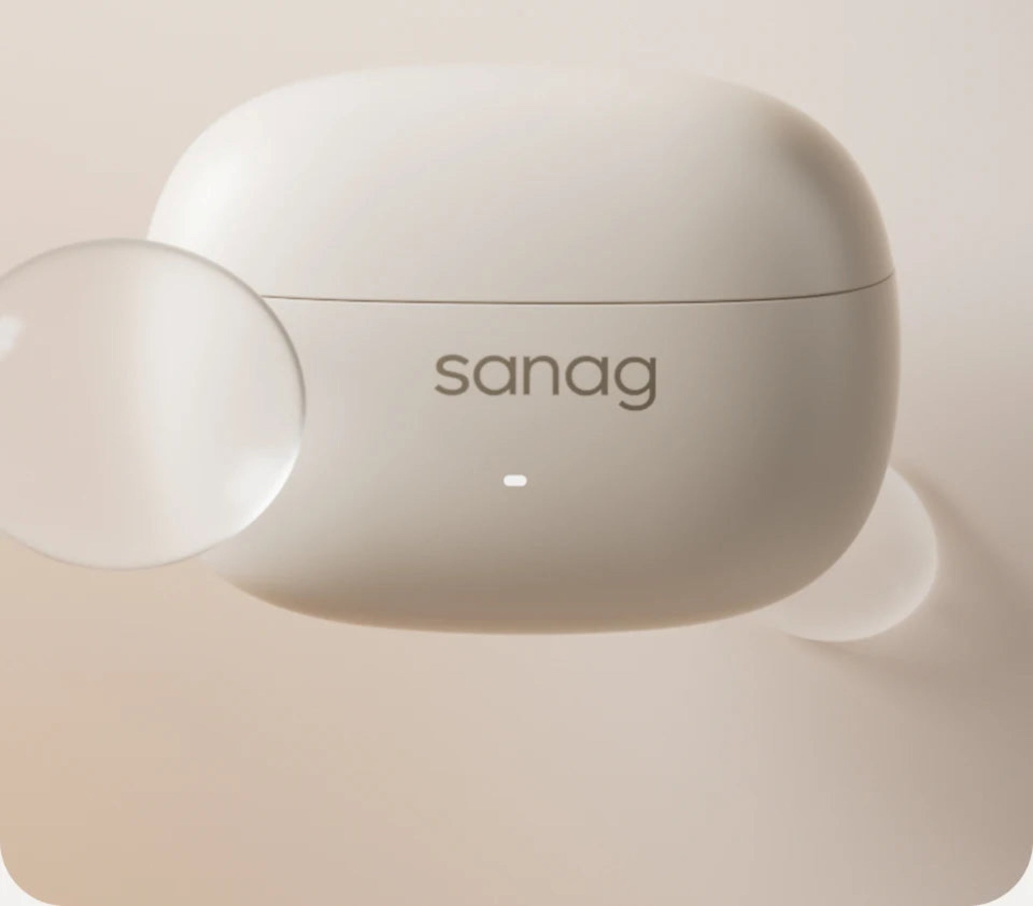 Beige wireless earbuds with 'sanag' branding on a light beige background