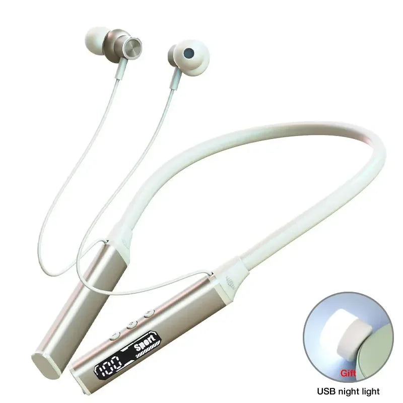 A pair of blue wireless Bluetooth earphones with a neckband design, featuring an inline microphone and digital display.