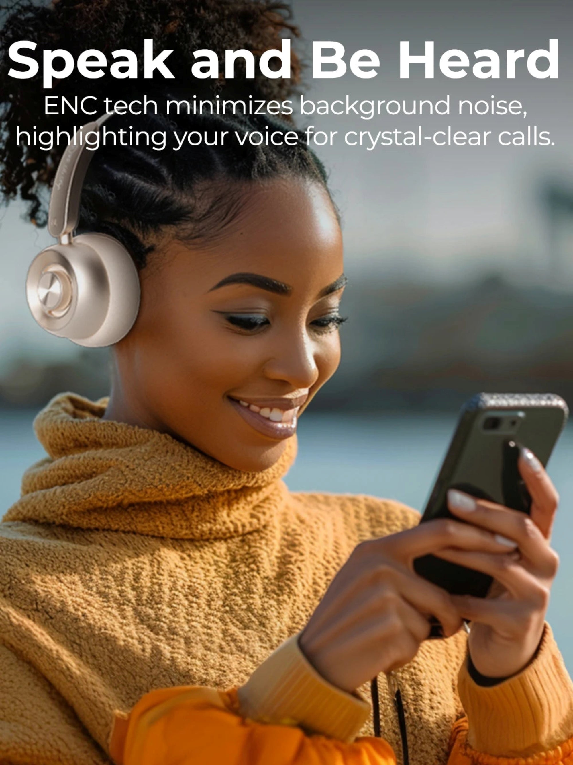 Woman wearing headphones and using a phone with text about ENC technology