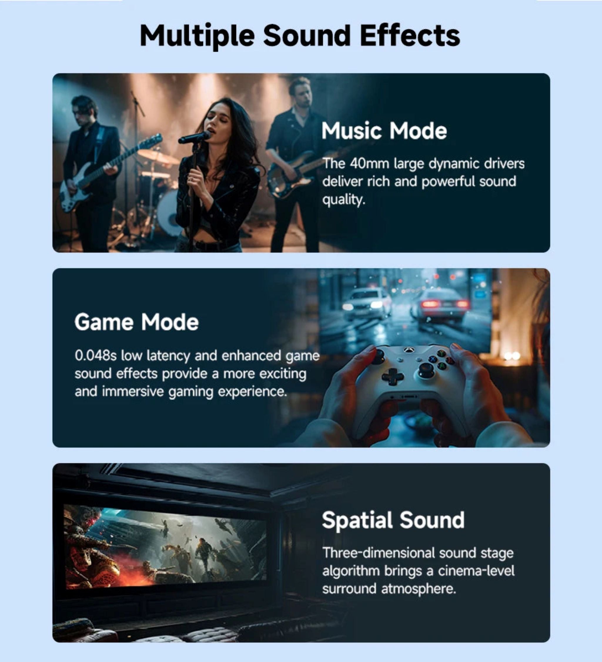 Three sections showcasing different sound modes with corresponding images and text on a blue background.