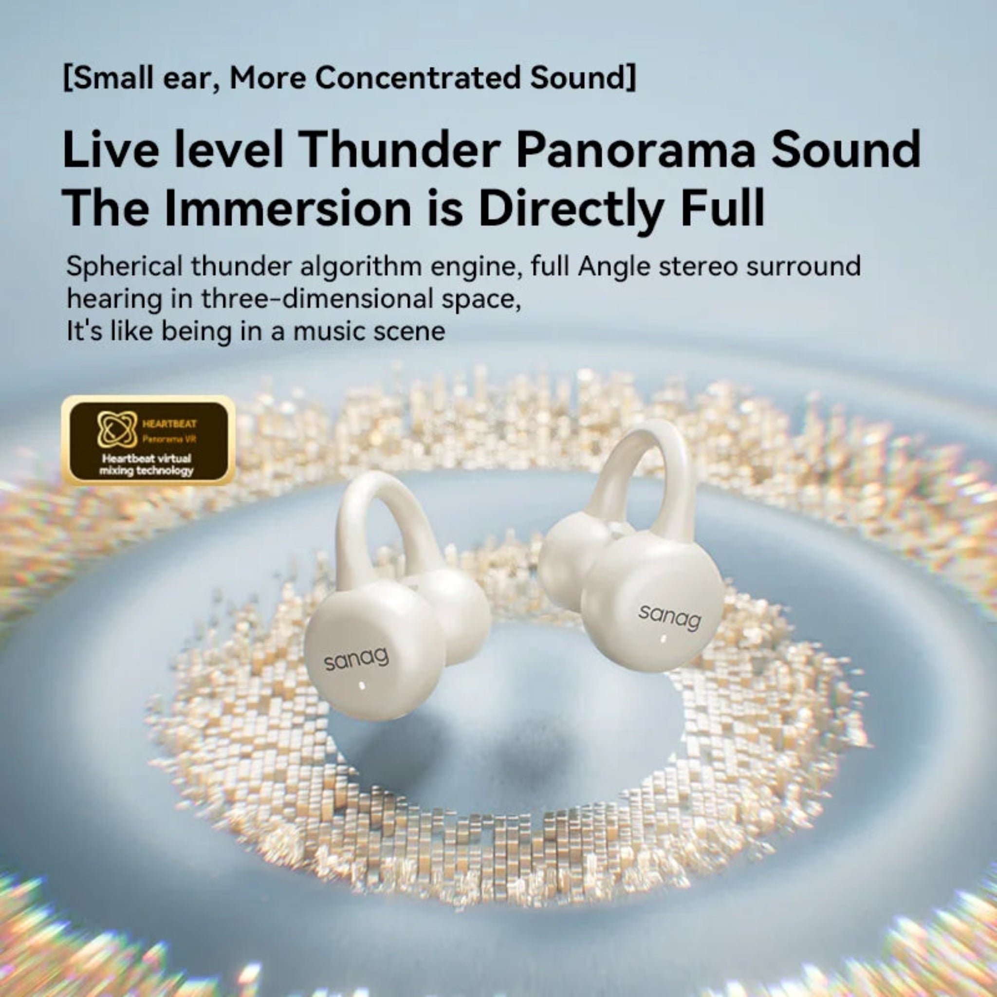 White wireless earbuds with 'sanag' branding on a blue and beige gradient background, featuring text about sound technology.