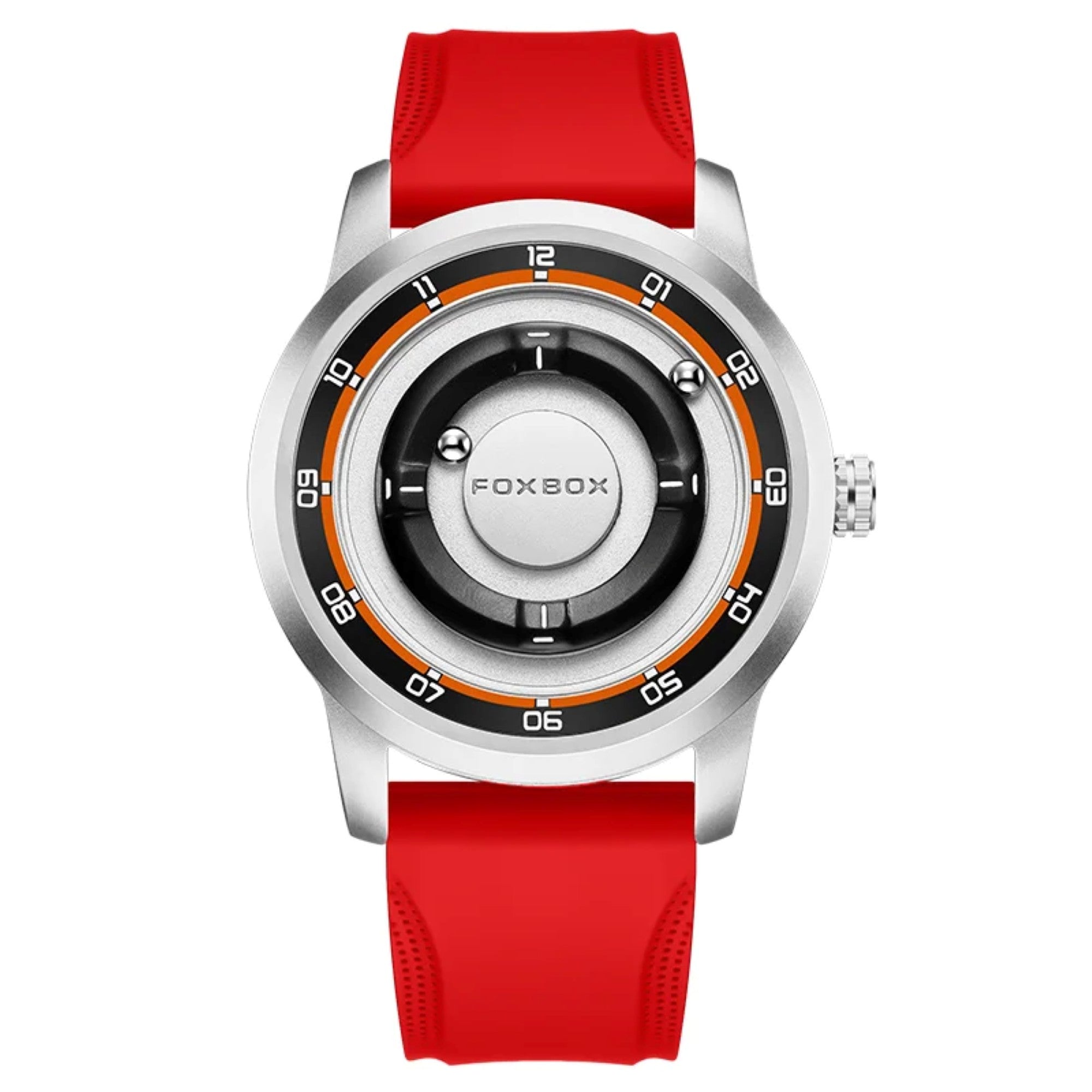 Wristwatch with red strap and silver case on a white background