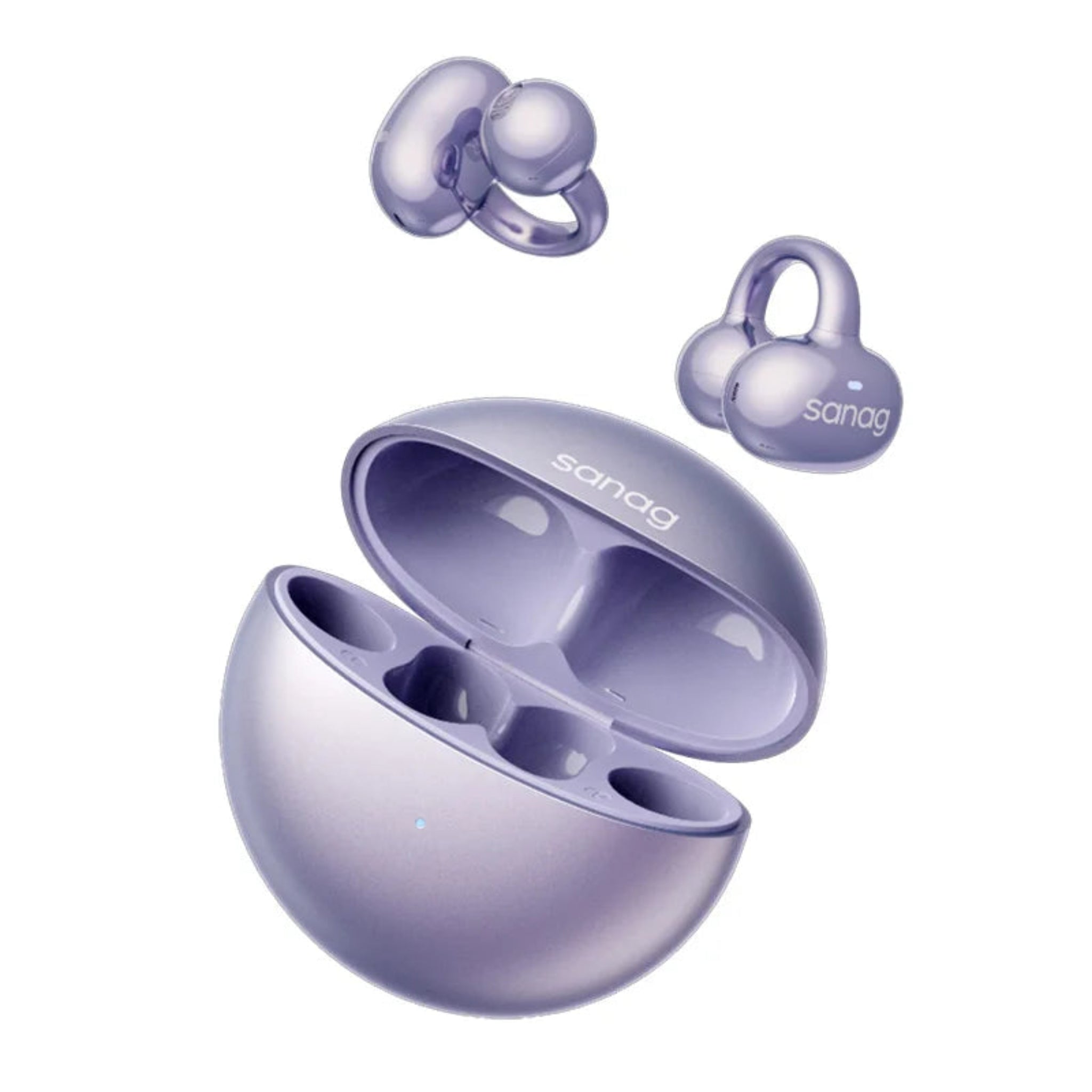 Sanag S6S sport earbuds in purple color with a charging case.